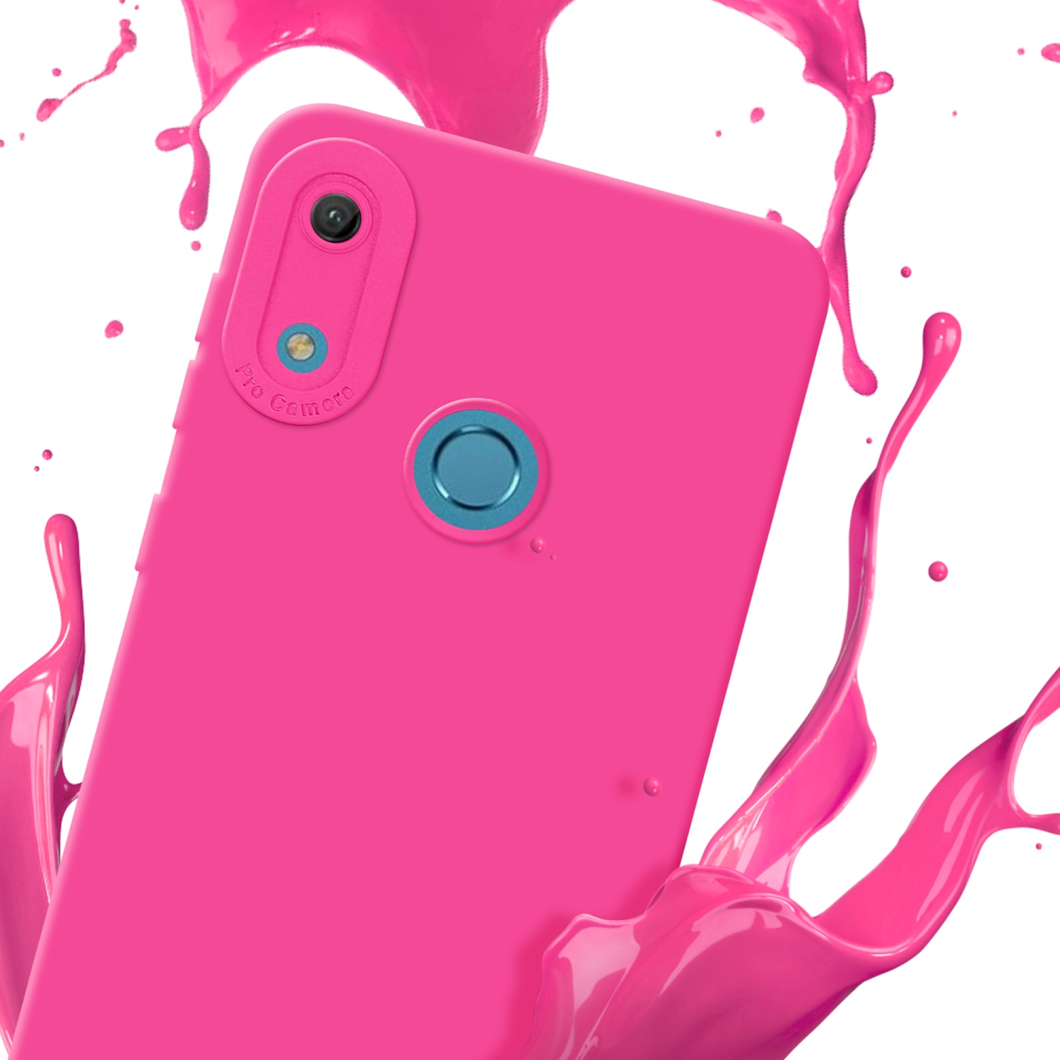 Rosa Handyhülle mit rosa Farbspritzer. Kameradetails. Weißer Hintergrund.