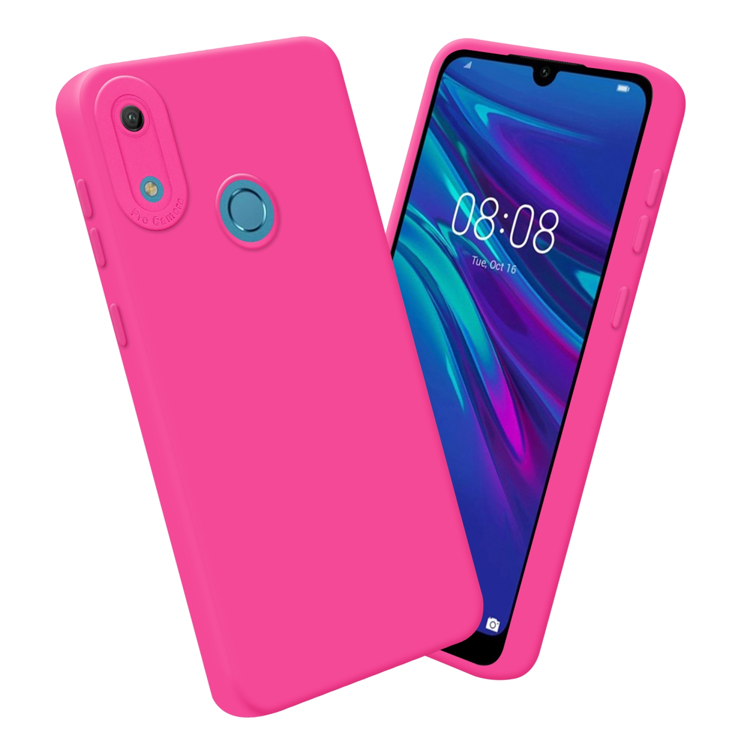 Rosa Handyhülle und Telefonbildschirm sichtbar. Weißer Hintergrund. Telefon zeigt Zeit.