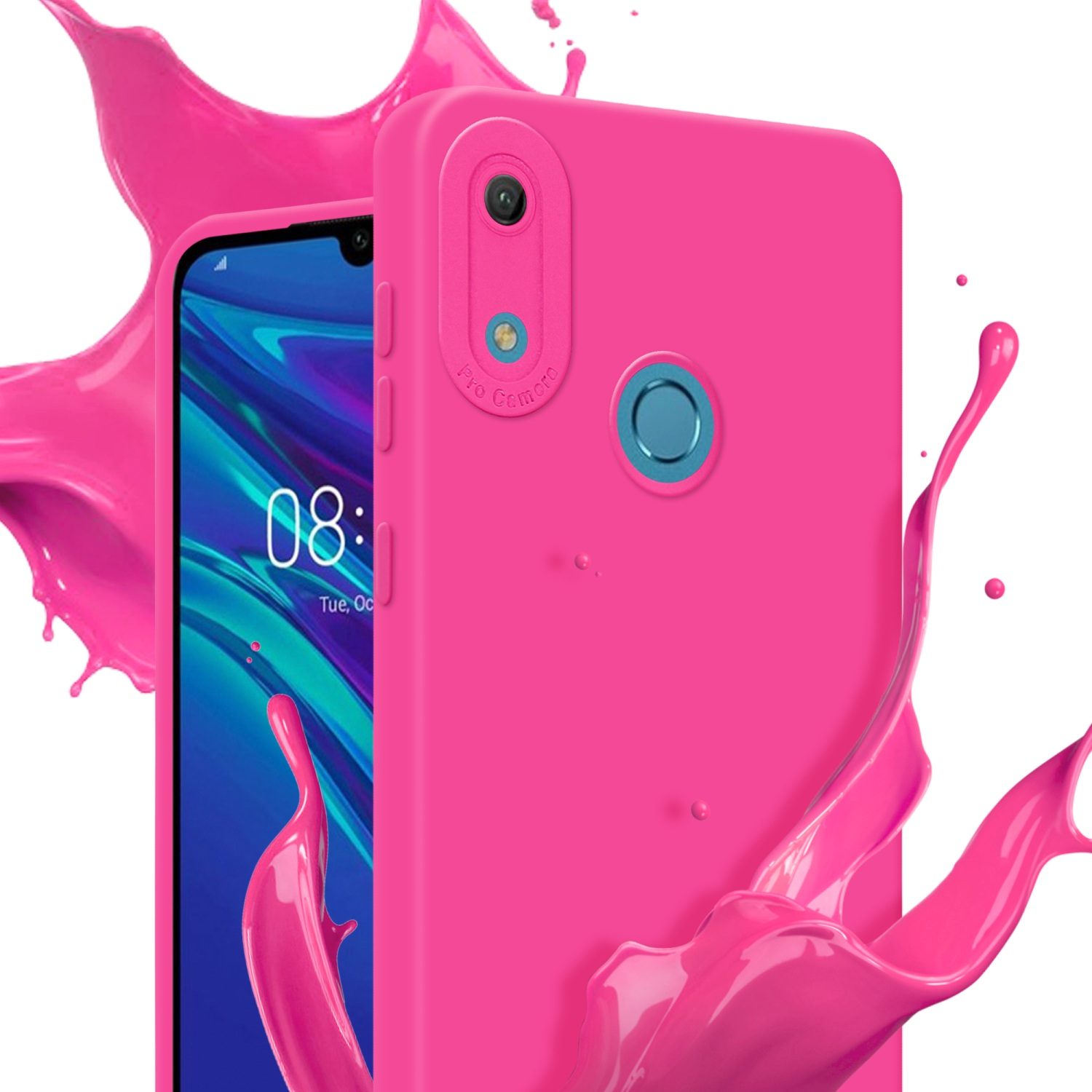 Eine rosa Handyhülle mit einem Telefon, das einen rosa Kunstspritzer anzeigt.