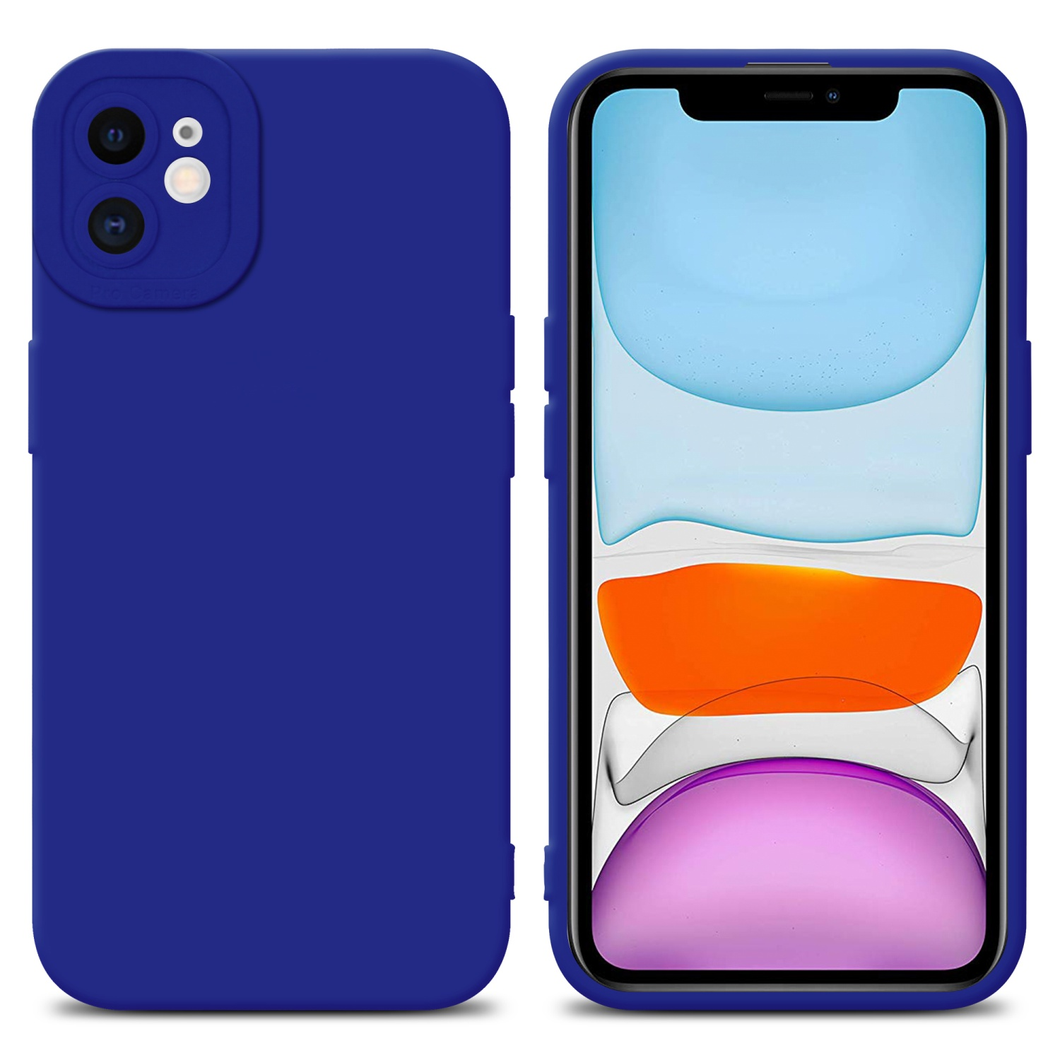 Custodia blu con telefono dentro; sfondo bianco. La custodia ha un rilievo per la fotocamera.