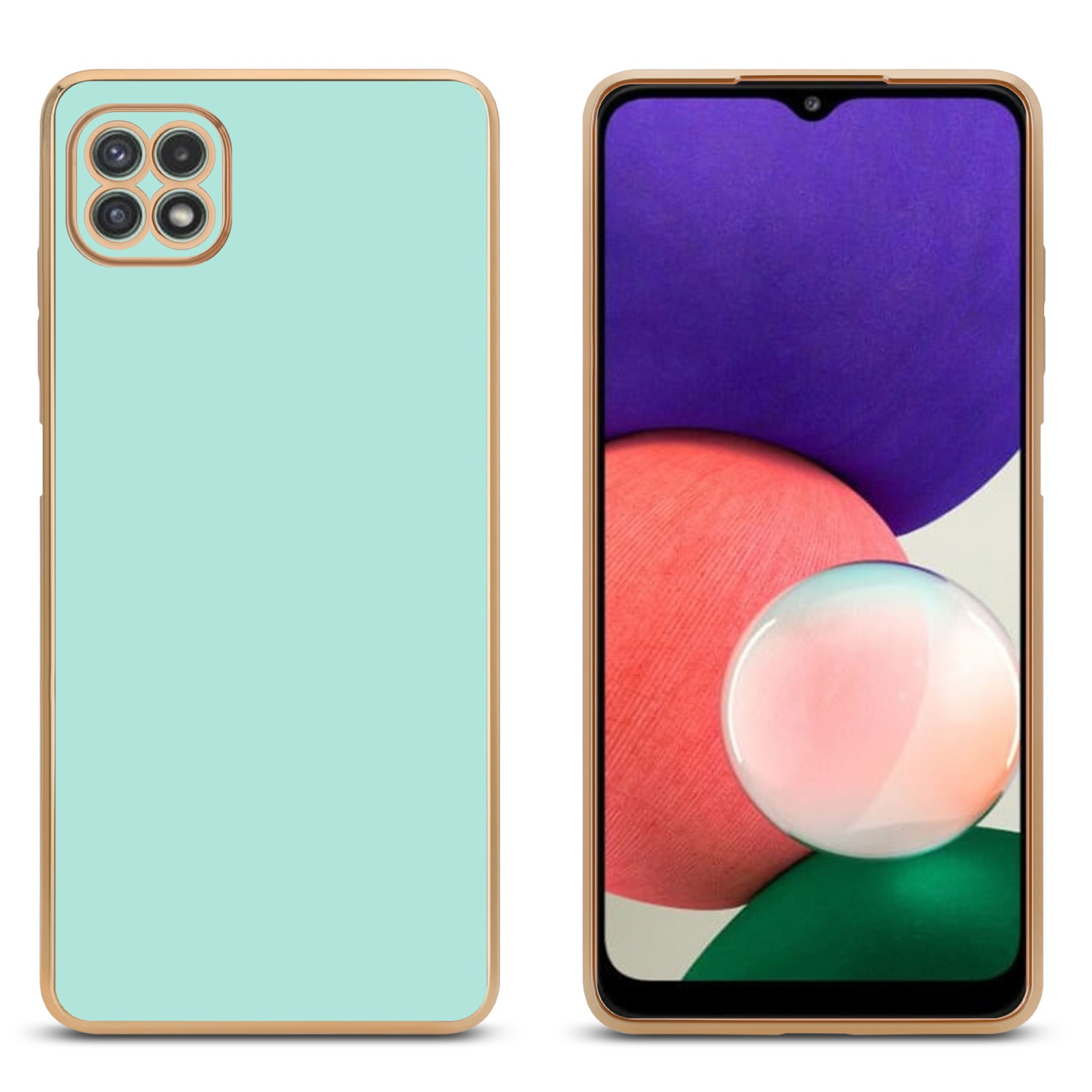 Zwei Ansichten eines Telefons mit goldfarbener Hülle. Mintgrüne Hülle links, Telefon rechts.