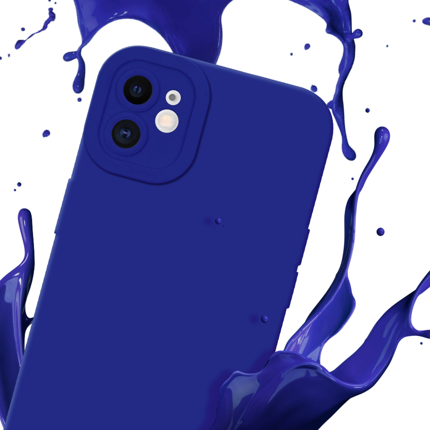 Custodia blu per telefono con spruzzi di vernice blu su sfondo bianco.
