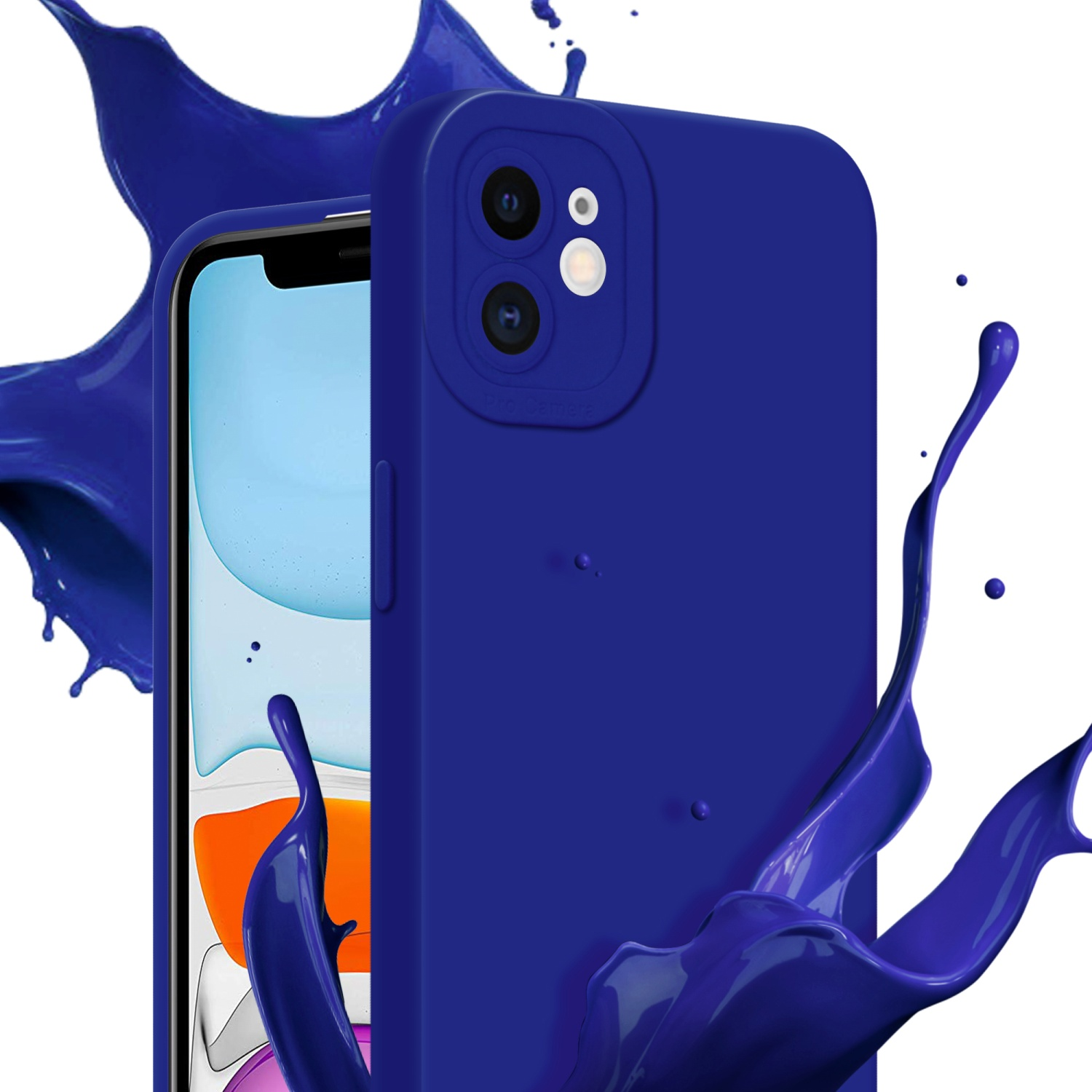 Custodia blu per telefono con schizzo di vernice. La fotocamera è a fuoco.