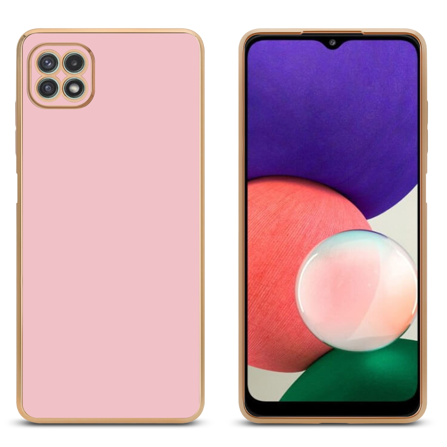 Zwei Smartphone-Ansichten: eine rosa Handyhülle und der Bildschirm mit bunten Hintergrund.