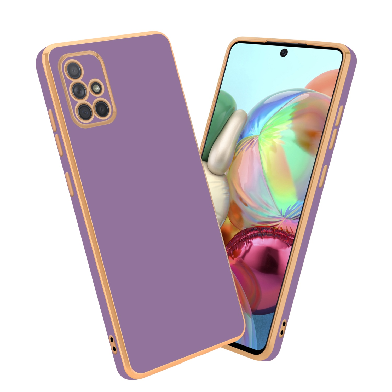 Eine lila Handyhülle mit goldfarbenem Rand und ein Telefon mit farbenfrohem Display.