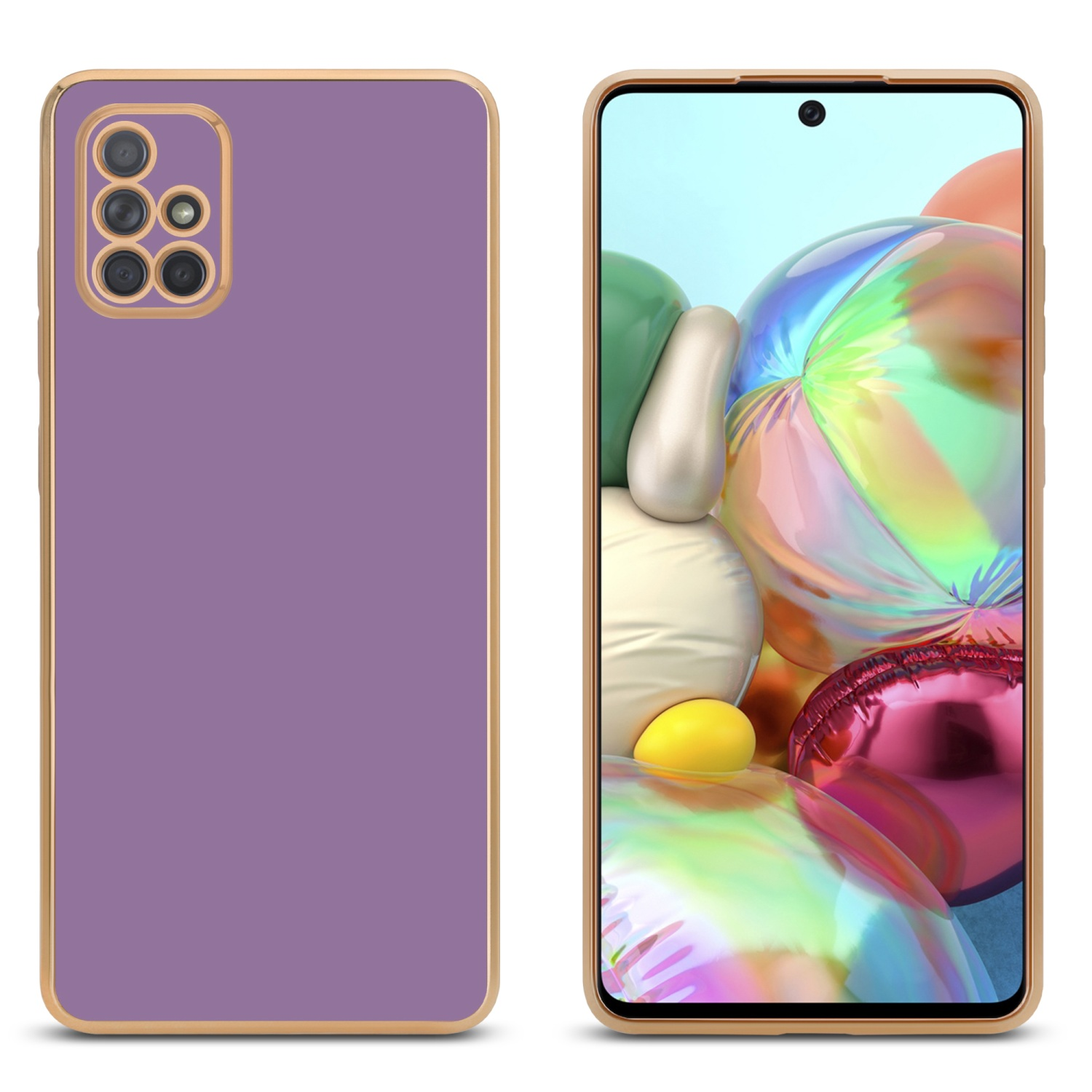 Zwei Telefone mit lila Hüllen und goldenen Rändern. Eines zeigt den Bildschirm.