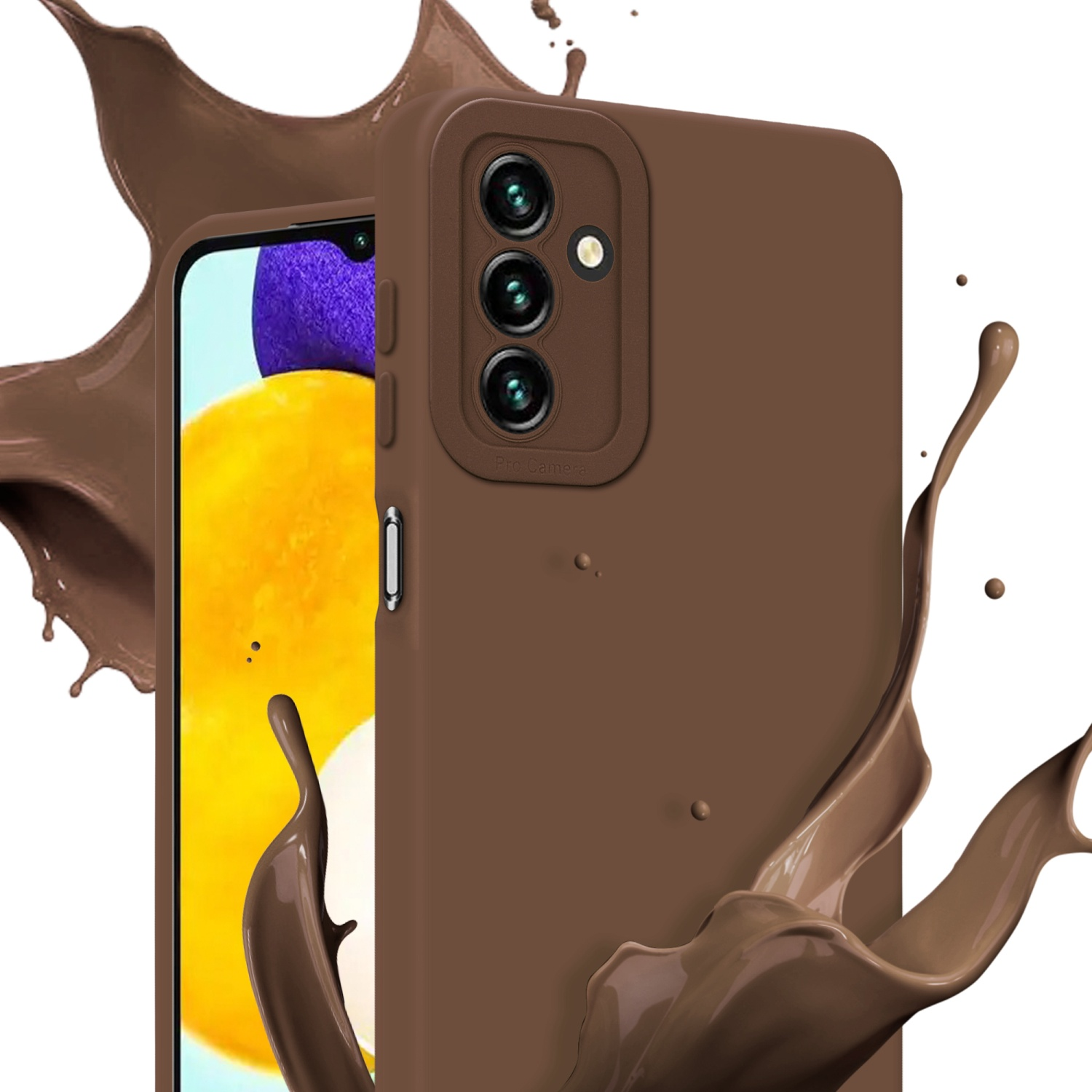Custodia per telefono marrone con un telefono all'interno. Schizzo simile al cioccolato dietro la custodia.