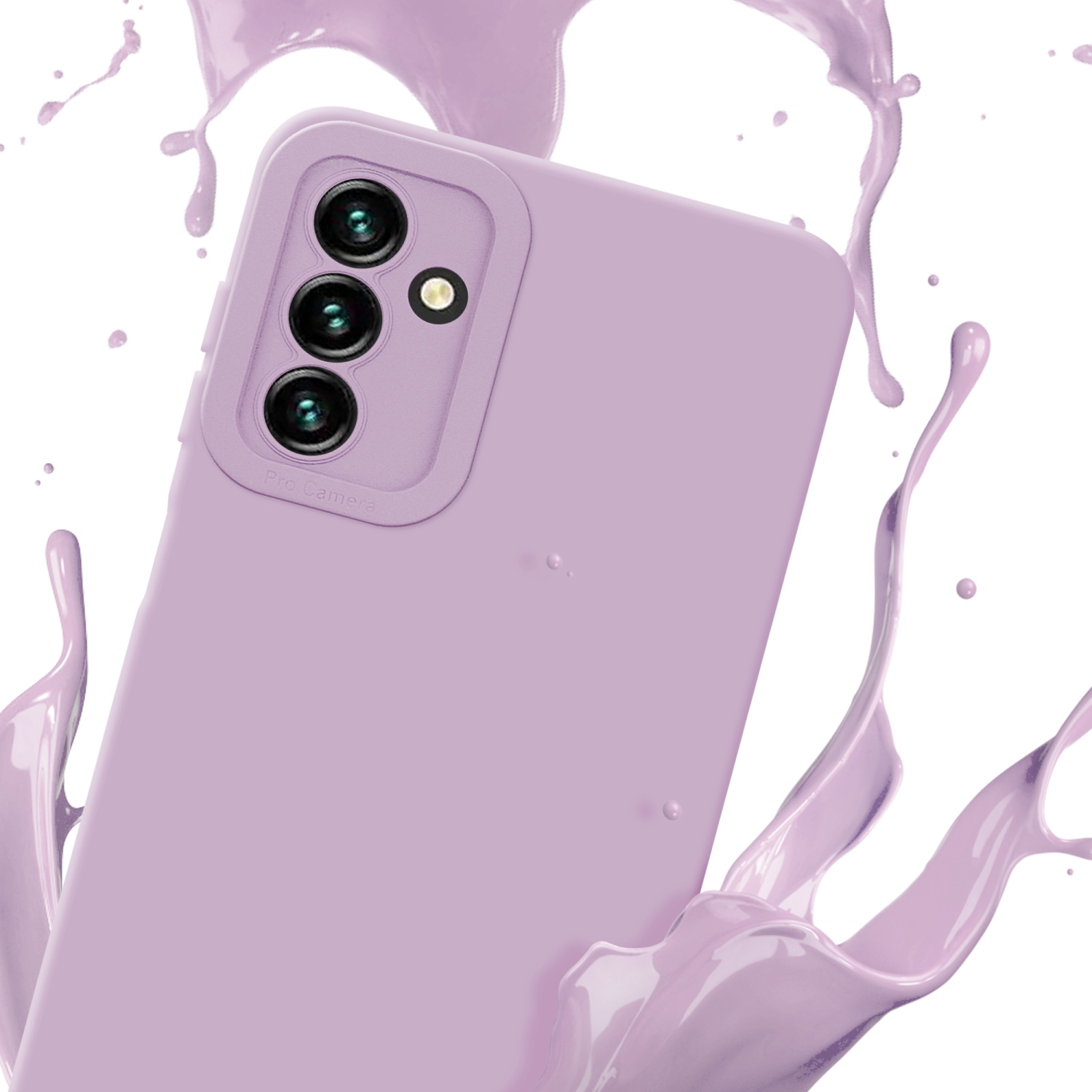 Custodia viola con telefono all'interno, contro schizzo di vernice viola. Sfondo bianco.
