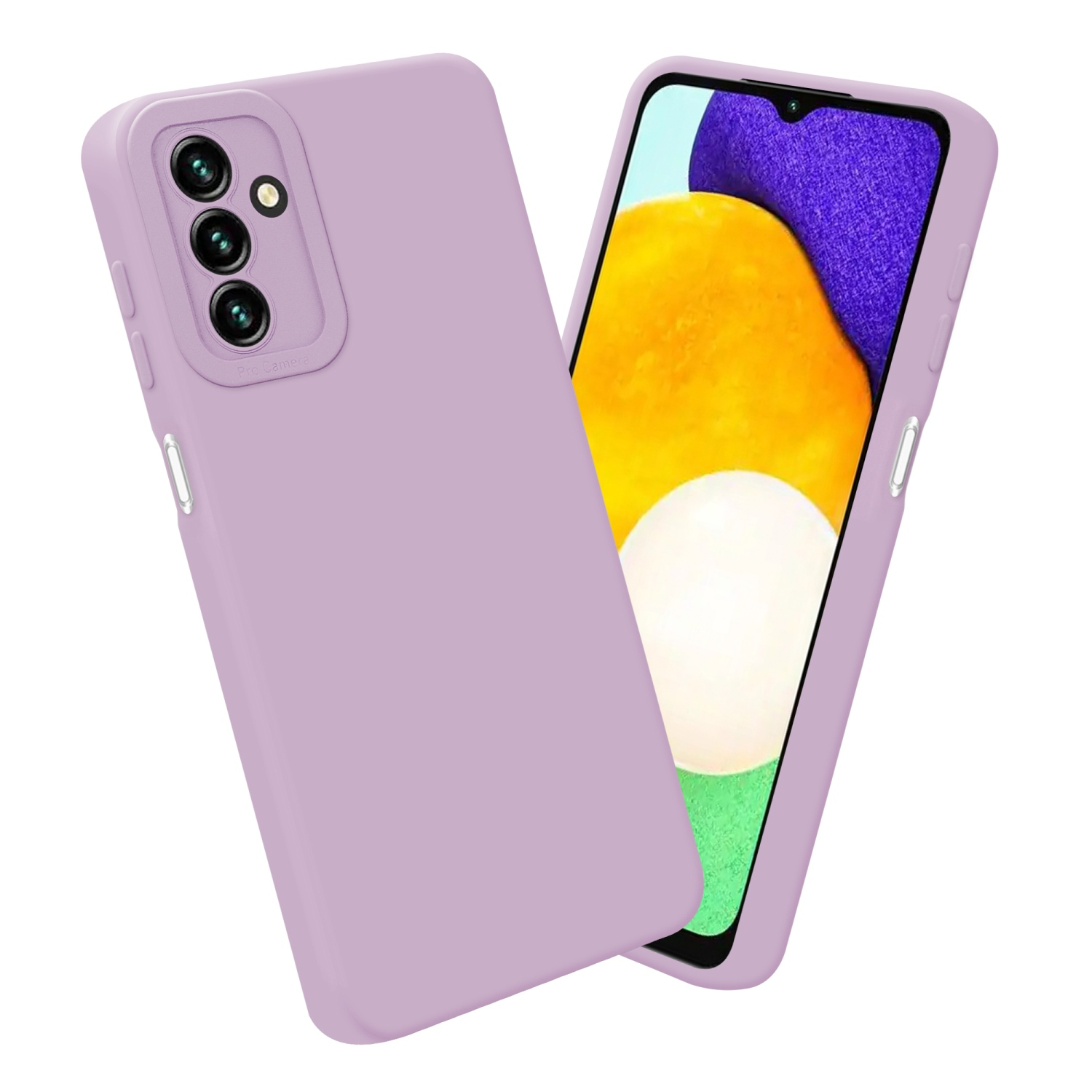 Custodia per telefono lavanda con schermo. Dettaglio fotocamera Pro. Sfondo bianco.