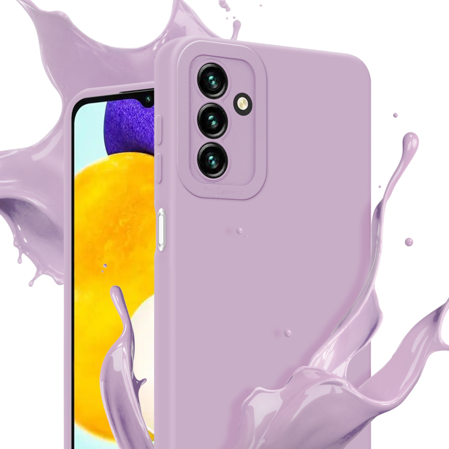 Viene mostrata una custodia per telefono viola con effetto splash.