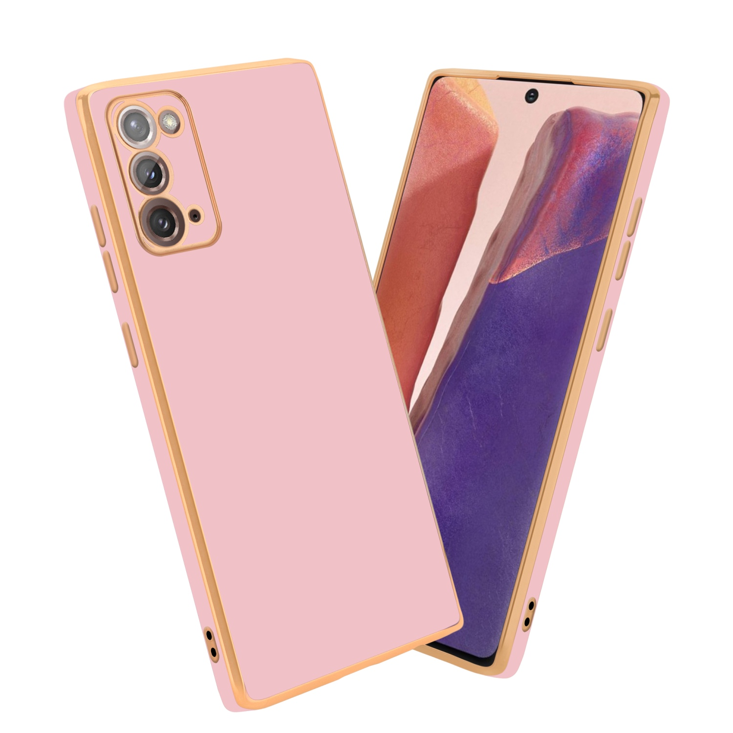 Rosa Handyhülle mit Goldrand. Telefon ist sichtbar.
