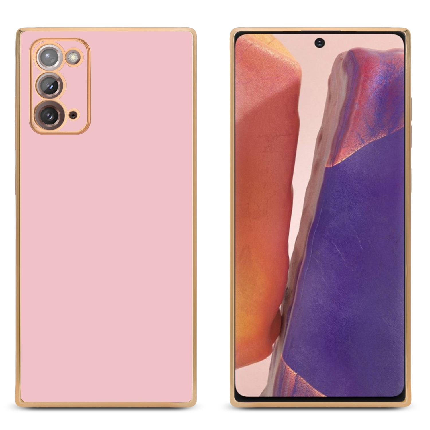 Zwei Telefone; eines mit pinkfarbener Hülle und goldenem Rahmen, das andere mit farbenfroher Anzeige.