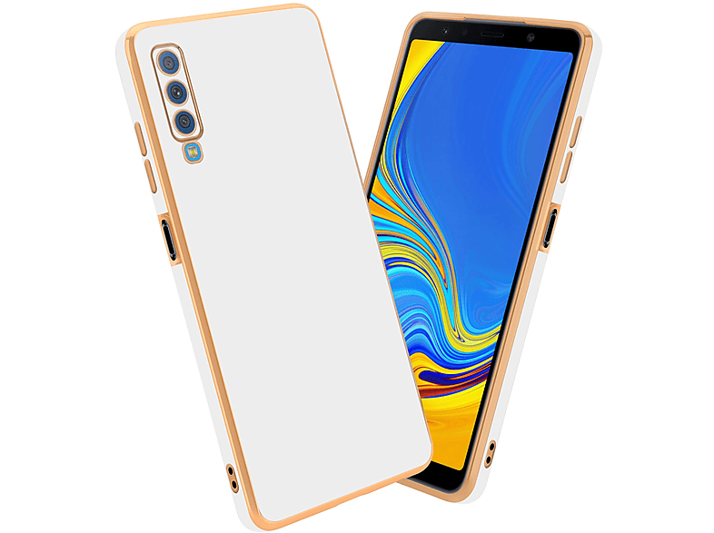 CADORABO Handyhülle mit Kameraschutz, Galaxy Glossy 2018, Backcover, - Weiß A7 Samsung, Gold