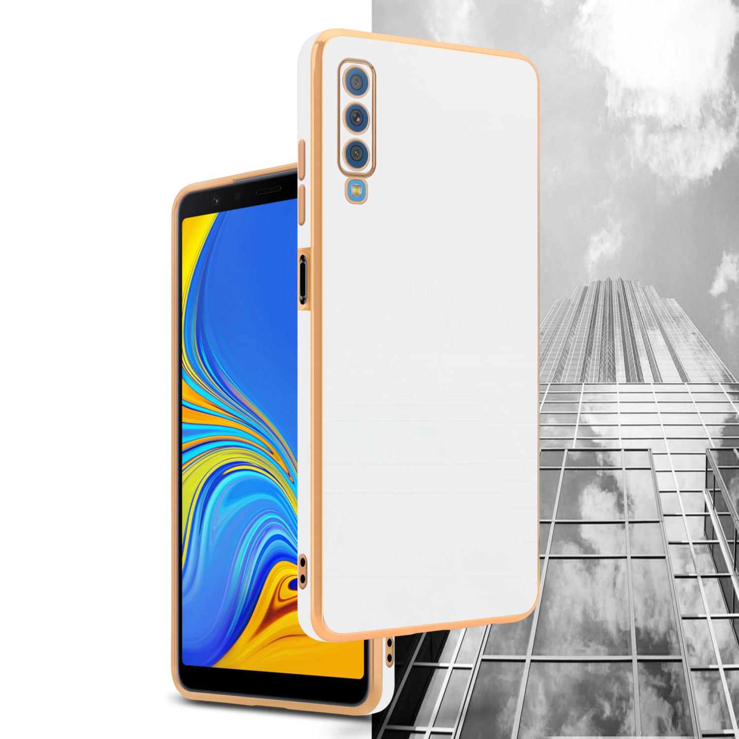 Weiße Handyhülle mit goldfarbenem Rand, Telefonbildschirm sichtbar, mit Stadt-Hintergrund.