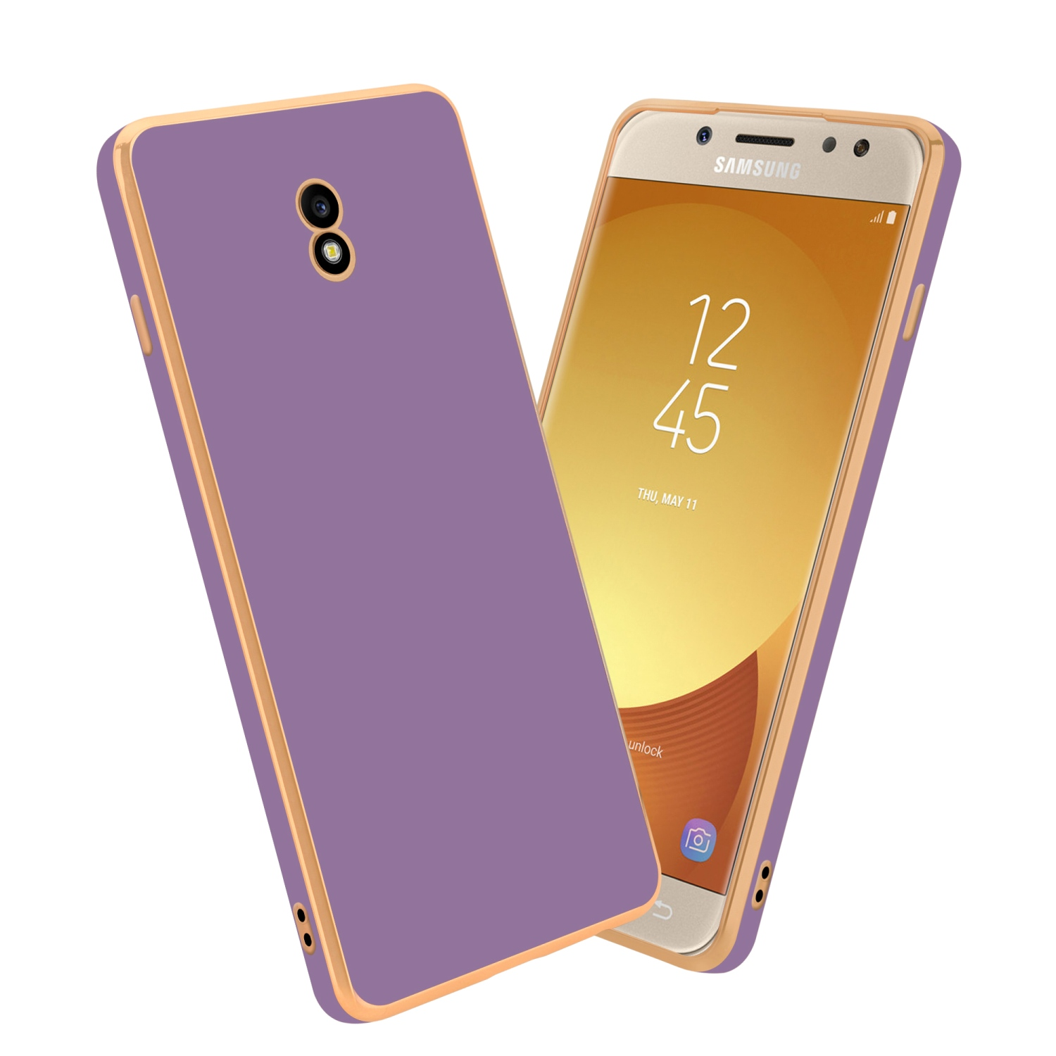 Zwei Handyhüllen, lila und gold, eine mit Telefon, zeigt die Uhrzeit.