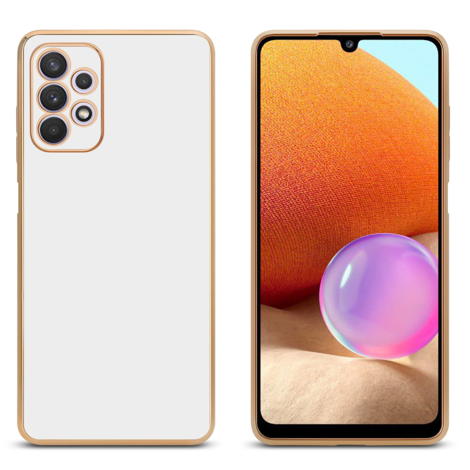 Weiße Handyhülle mit goldenen Rändern links, Telefon mit orange-lila Hintergrund rechts.
