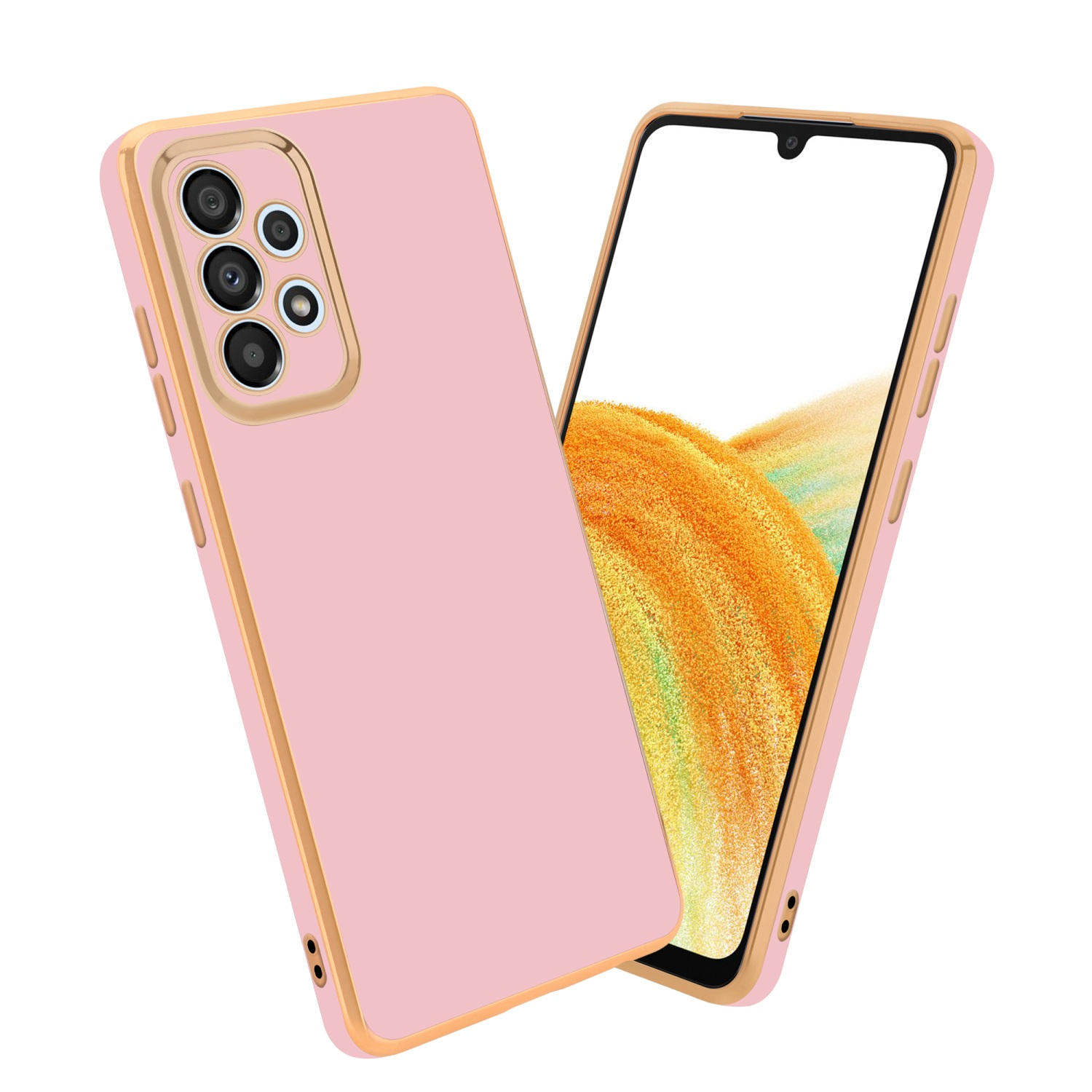 Rosa Handyhülle mit goldenen Rändern. Telefon ist innen, zeigt einen bunten Hintergrund.