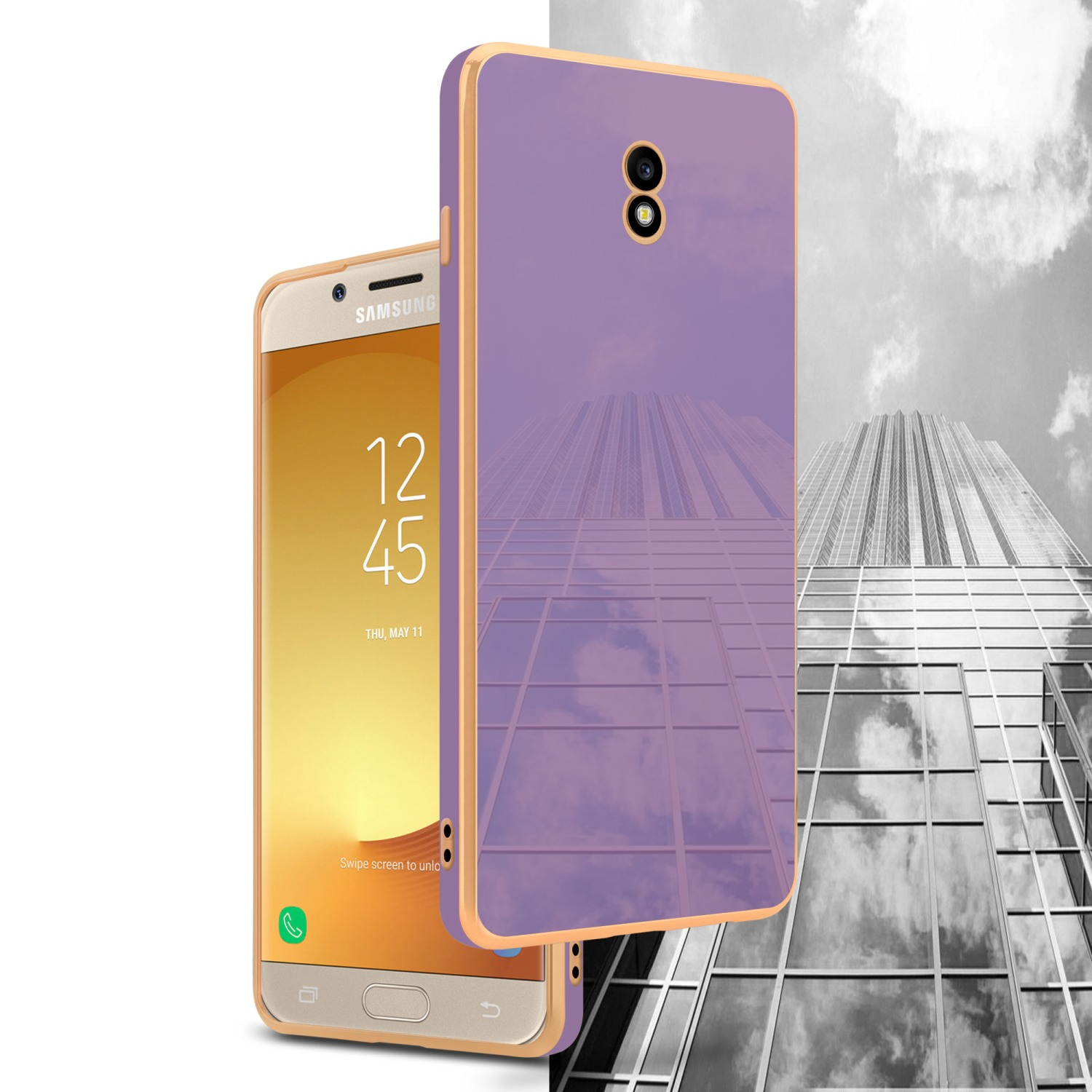 Telefon im Case mit Gebäudehintergrund.