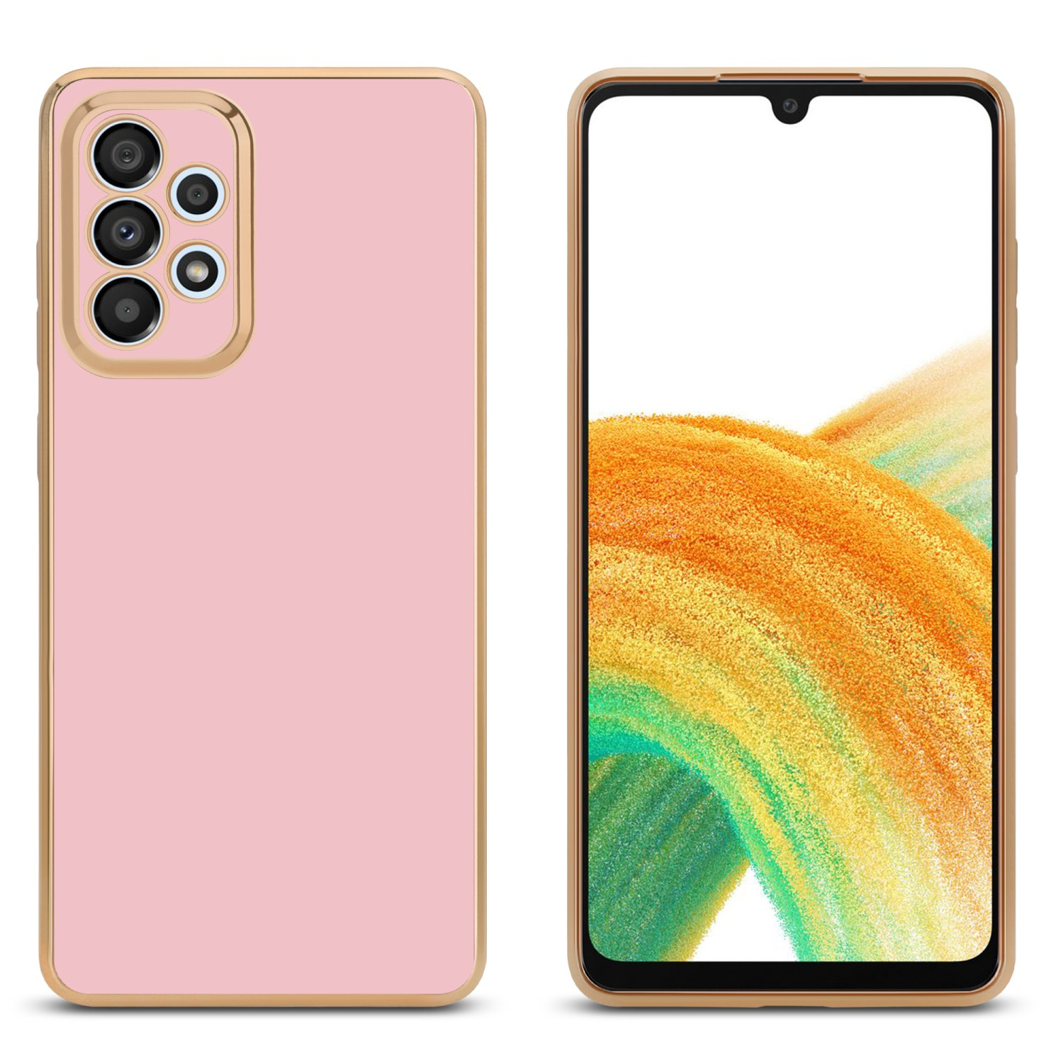 Rosa Handyhülle mit goldenem Rahmen auf der linken Seite und ein Telefon, das einen orangefarbenen Farbverlauf anzeigt.