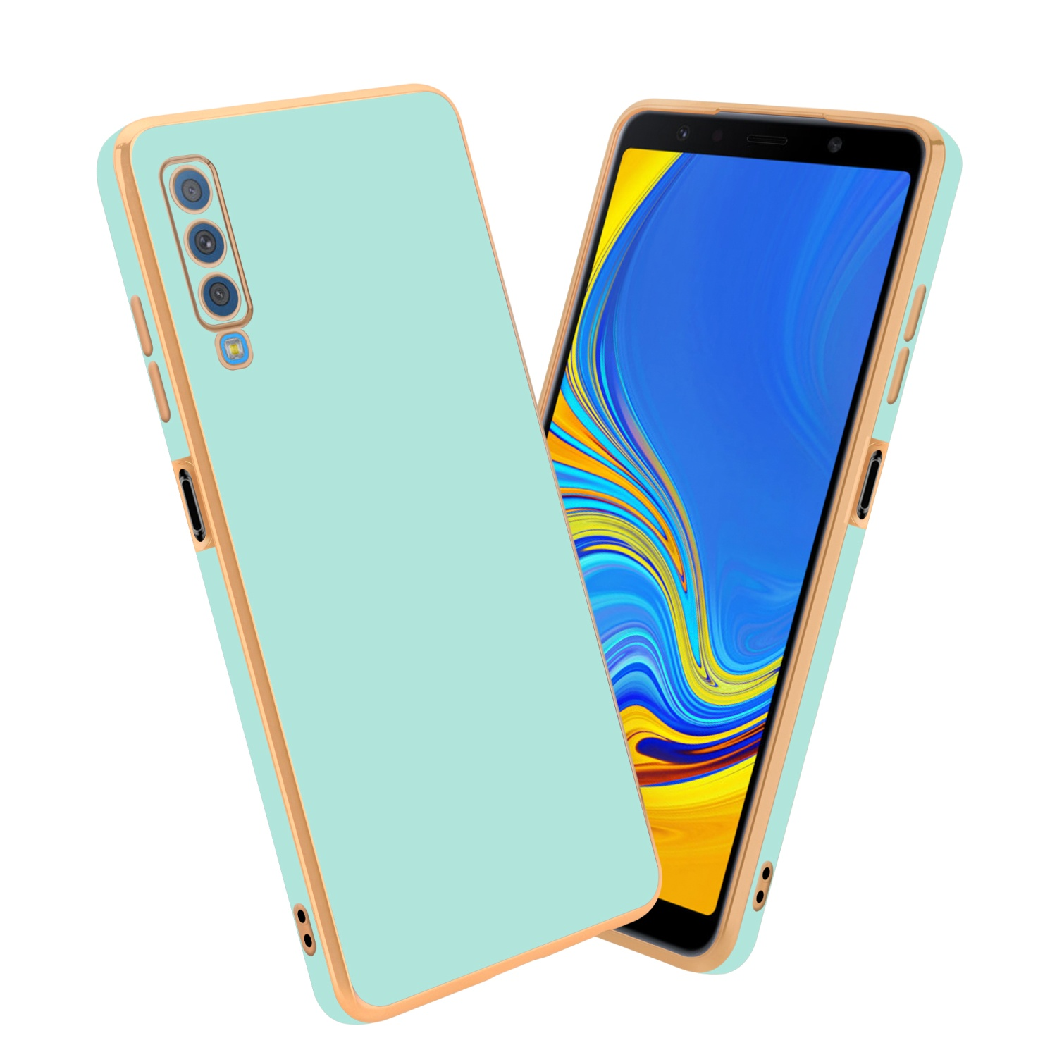 Minzgrüne und goldene Handyhülle mit Handy auf weißem Hintergrund.