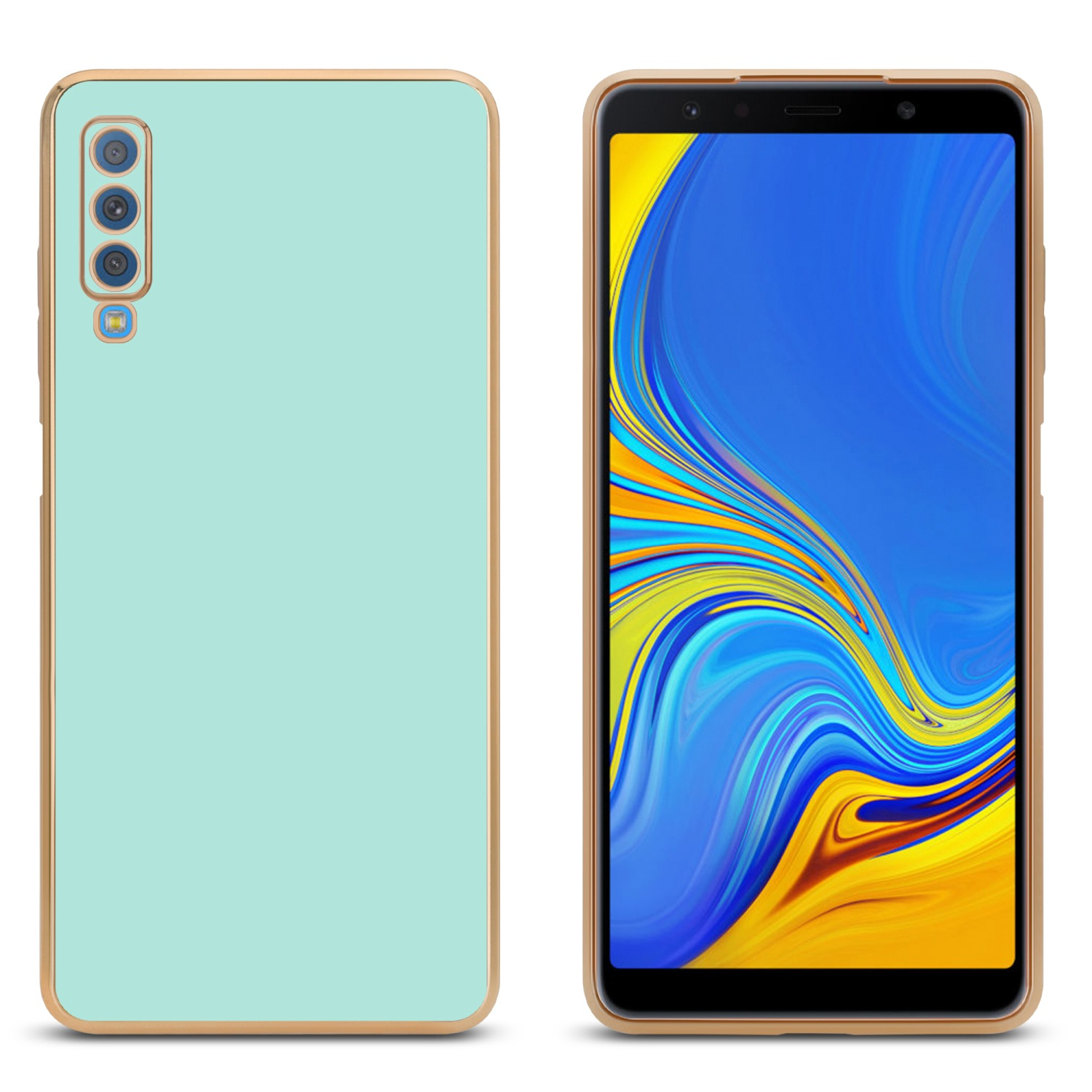 Zwei Telefone, eins grün mit Goldrahmen, das andere blauer Bildschirm.