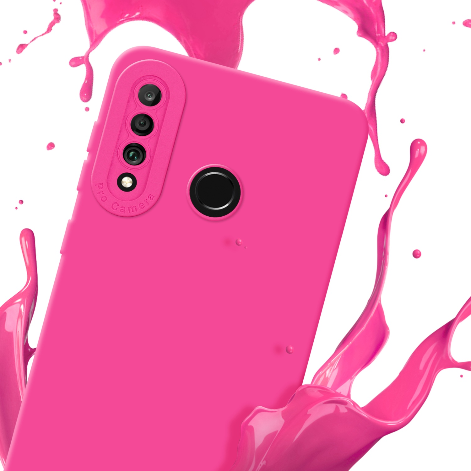 Custodia per telefono rosa con tre fotocamere, circondata da schizzi di vernice rosa su sfondo bianco.