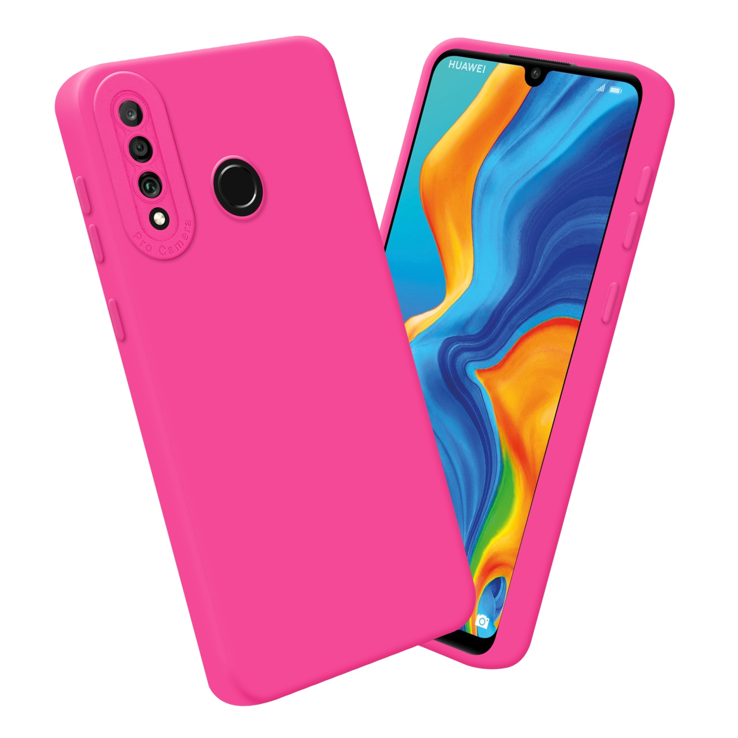 Custodia rosa con telefono, sfondo bianco.