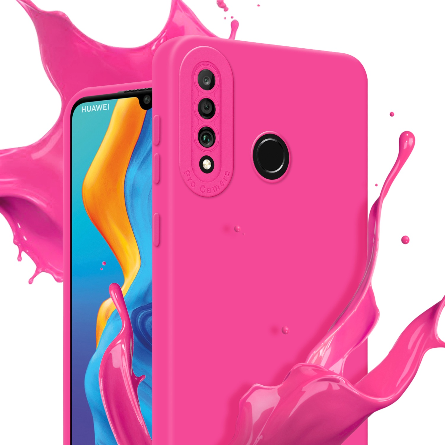 Custodia rosa con schermo del telefono visibile. Schizzo di liquido rosa sullo sfondo.