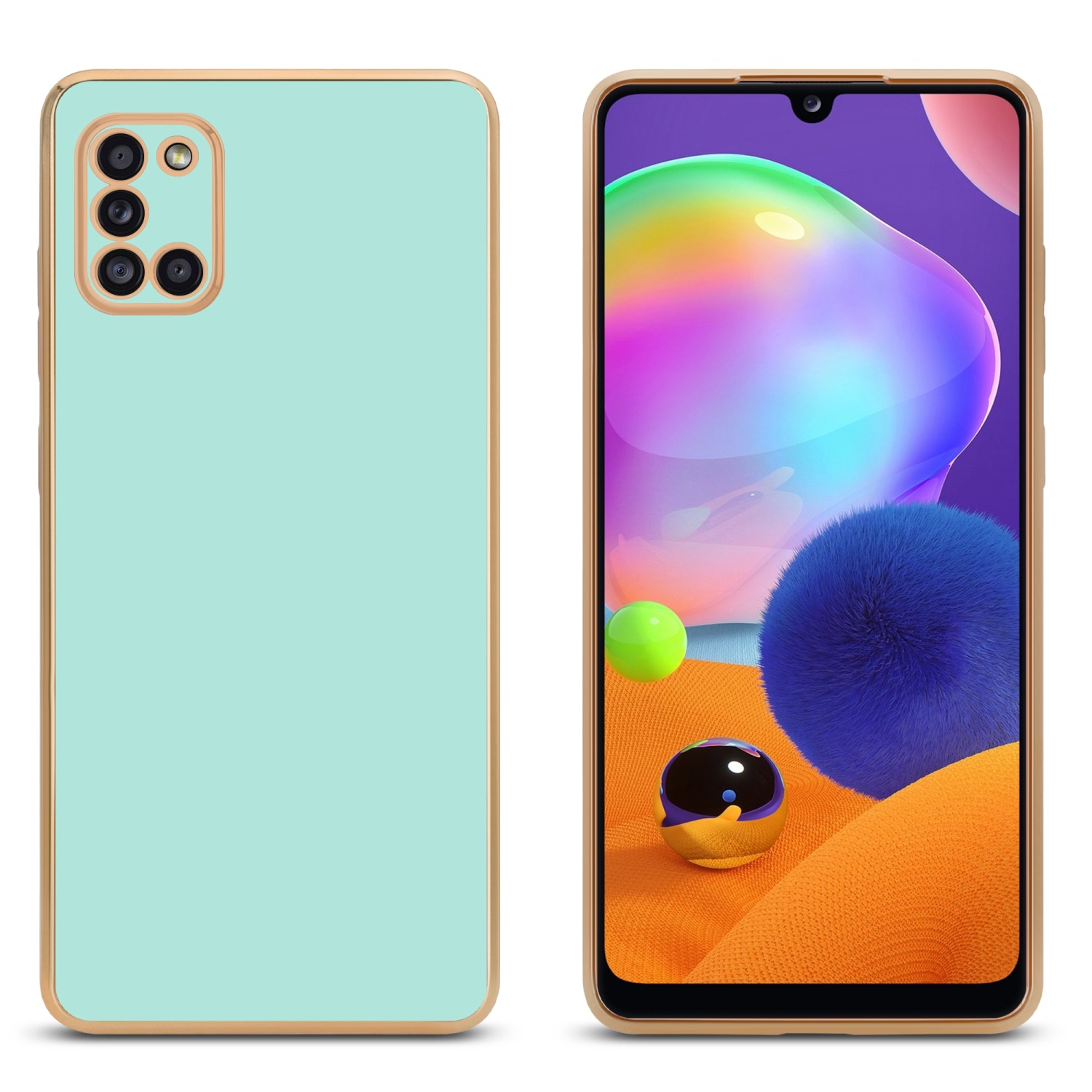 Zwei Telefone mit Hüllen. Eines ist mintgrün, das andere zeigt bunte Symbole.