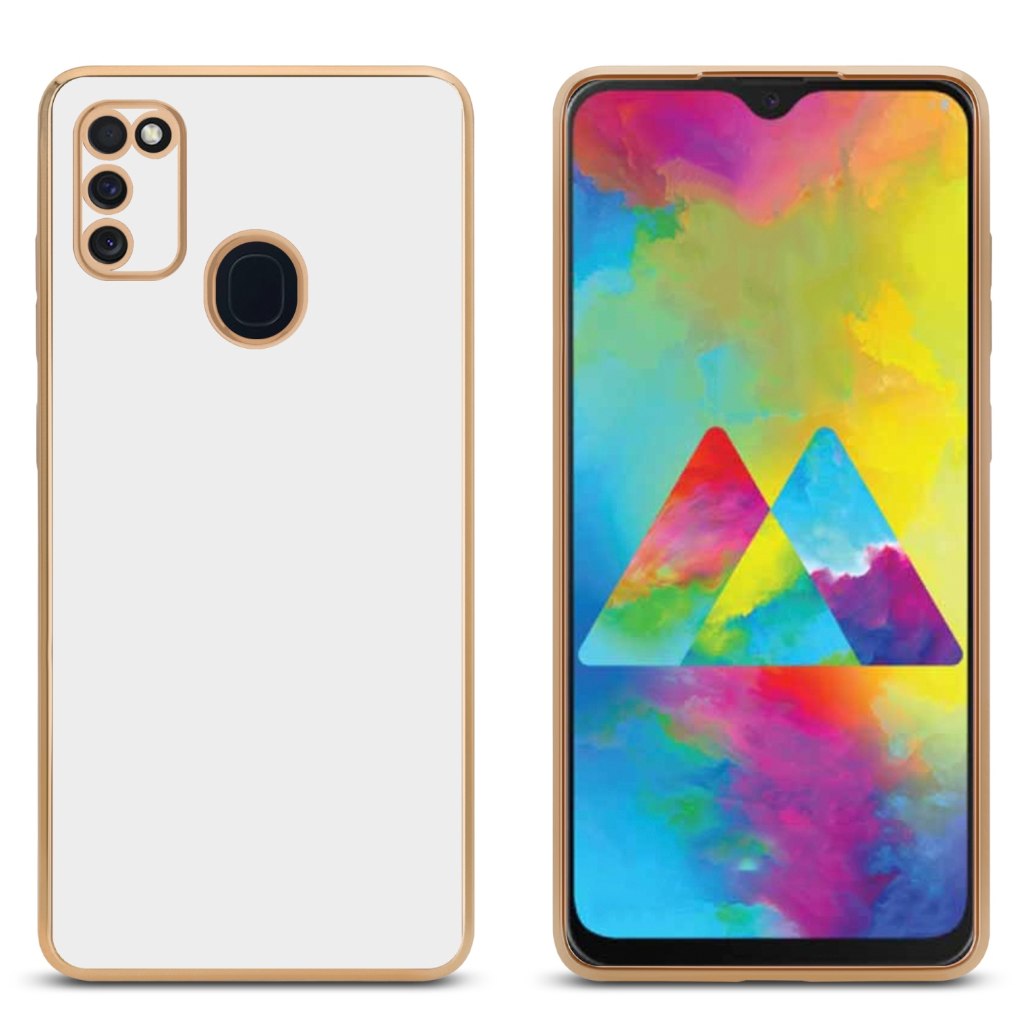 Weißes Handyhülle mit goldenen Rändern, neben einem Telefon mit farbenfrohem bergähnlichem Bild.