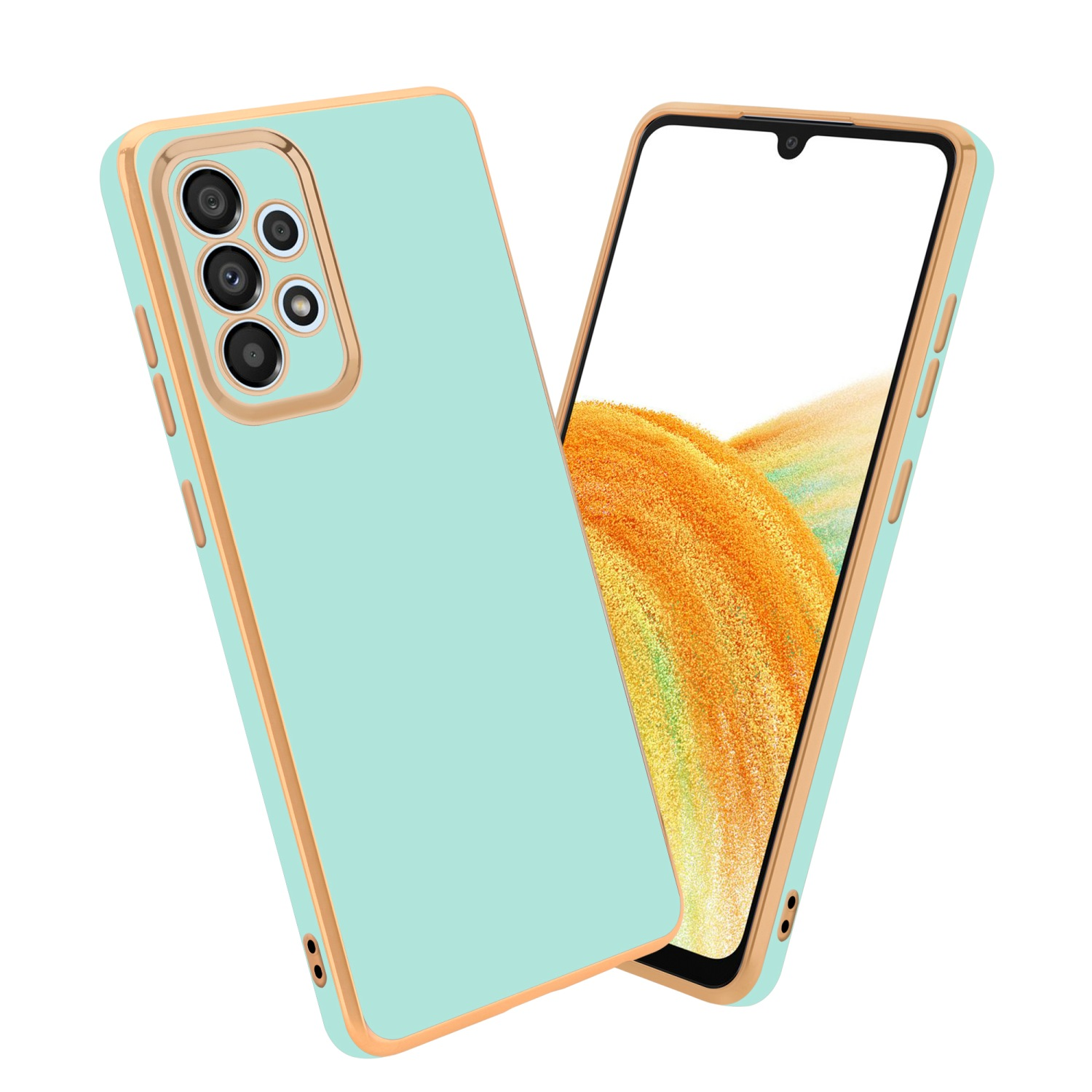 Minzgrüne Handyhülle mit goldenem Rand und ein Handy mit orangefarbenem und weißem Bildschirm.