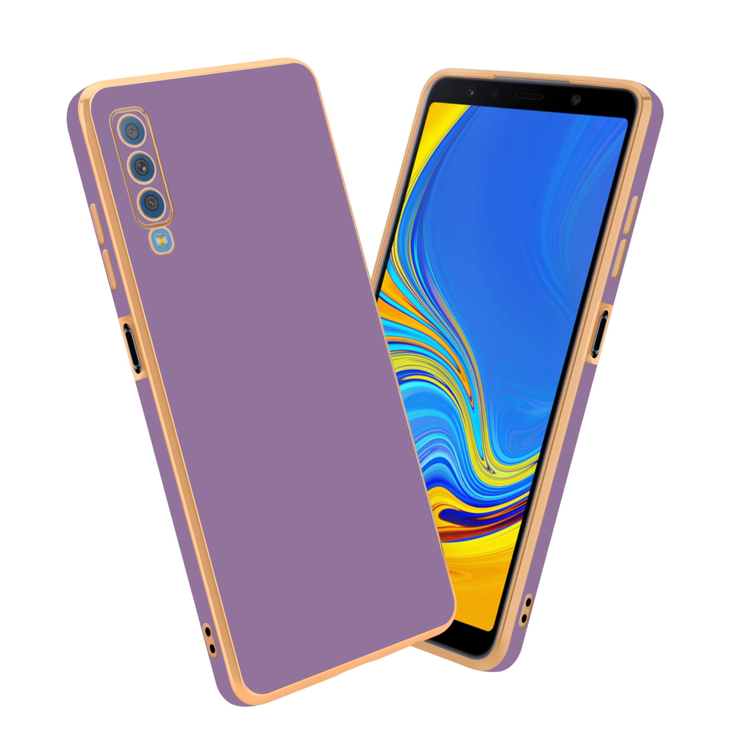 CADORABO Handyhülle A7 Lila Glossy Gold 2018, Kameraschutz, mit Samsung, - Galaxy Backcover