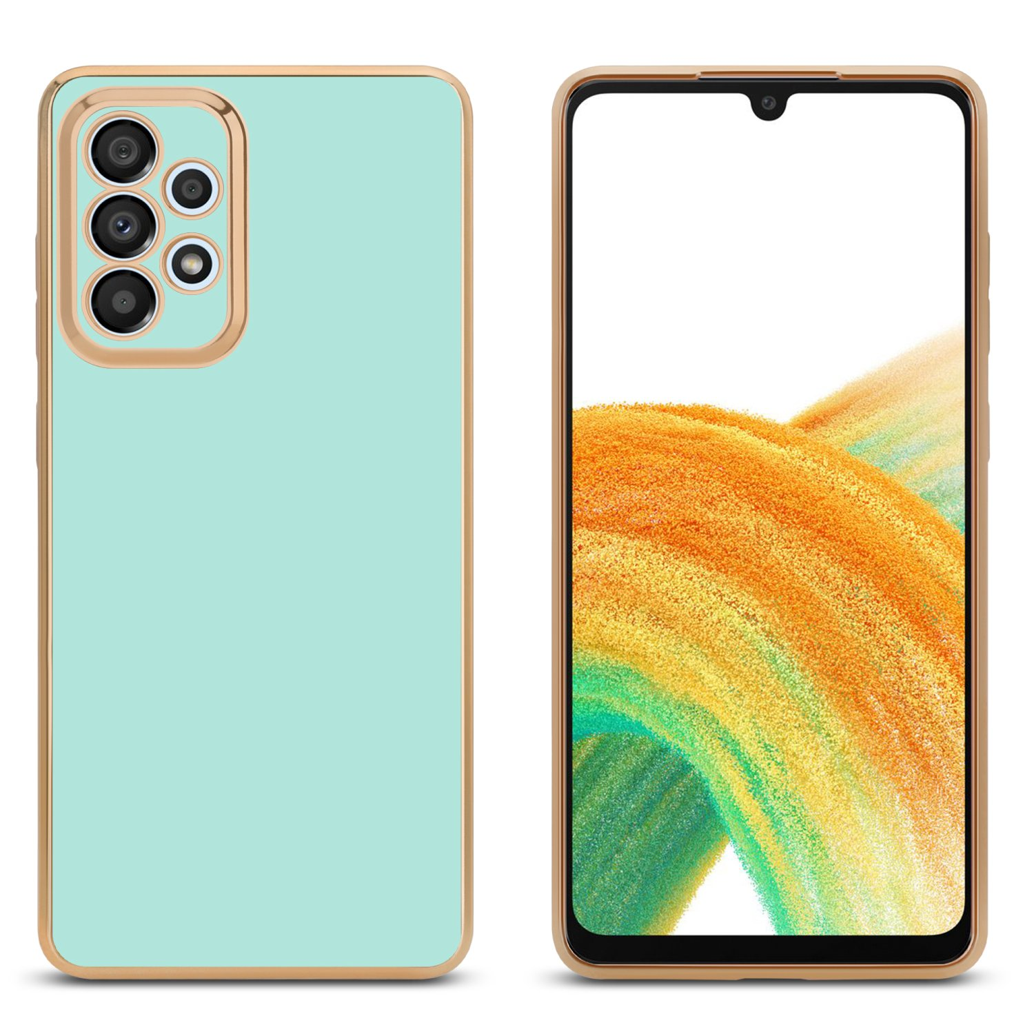 Zwei Telefone, eins mit Hülle, das andere mit buntem Hintergrund. Weißer Hintergrund.