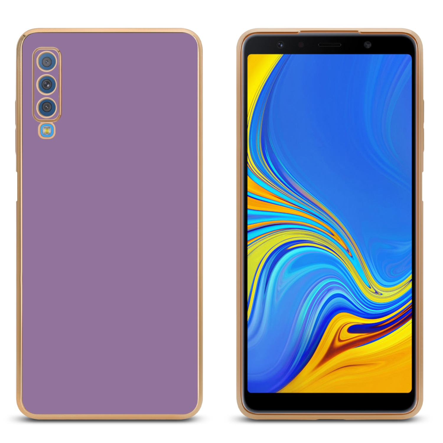 Handyhülle links, Telefon rechts. Beide sind lila und gold umrandet.