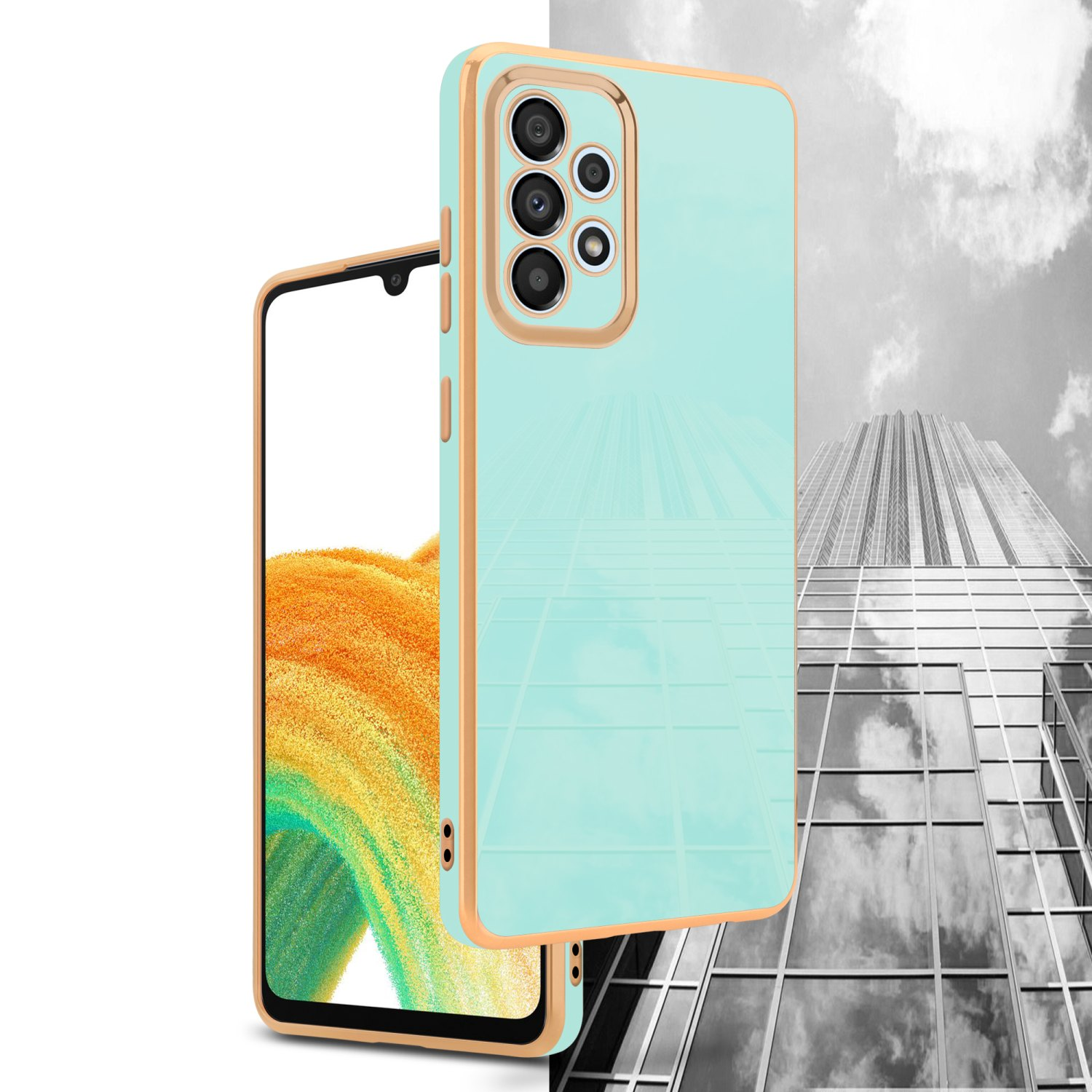Eine mintgrüne und goldene Handyhülle mit Skyline-Hintergrund. Das Telefon ist in der Hülle.
