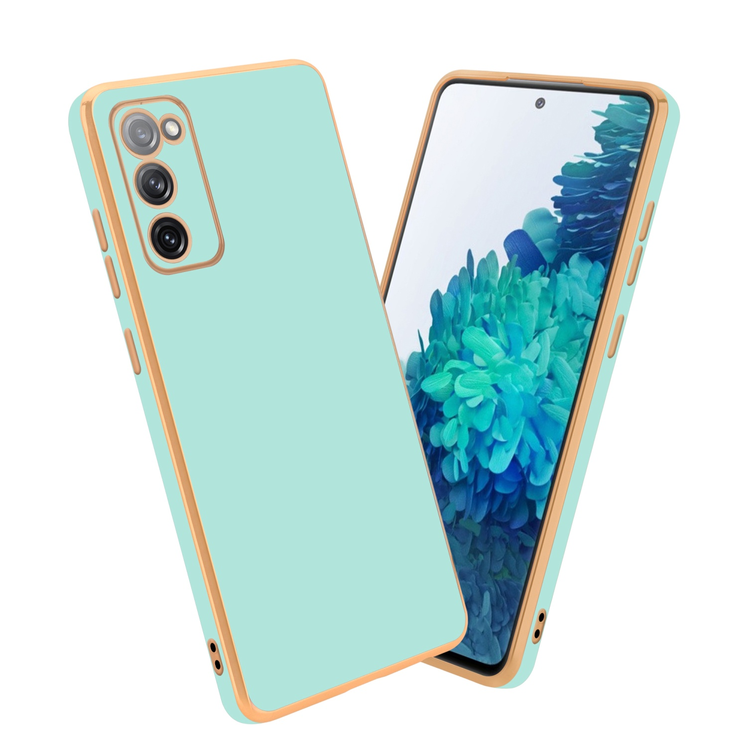 Ein Telefon in einer mintgrünen Hülle mit goldenem Rand. Das Telefon ist rechts.
