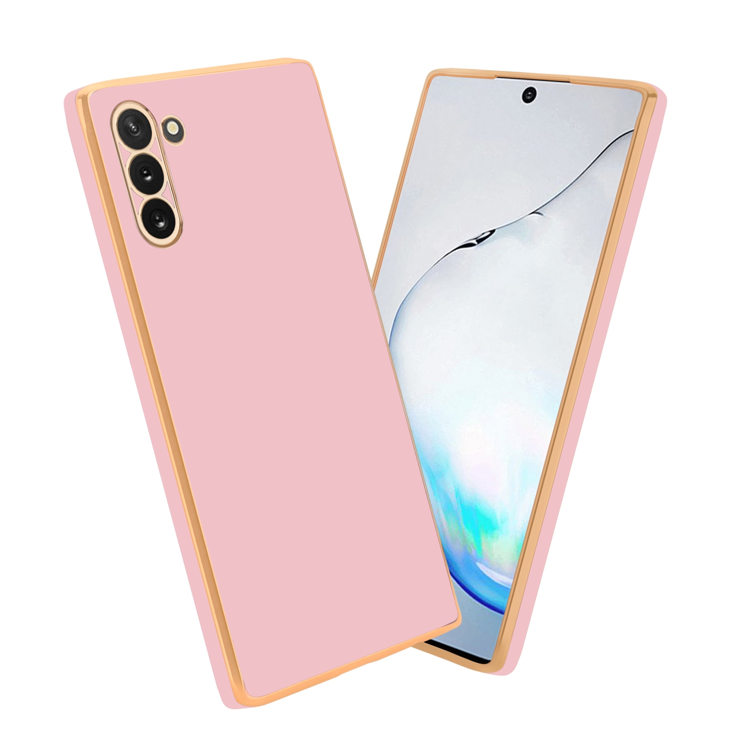 Pinke Handyhülle mit Goldrand. Das Telefon ist sichtbar. Weißer Hintergrund.