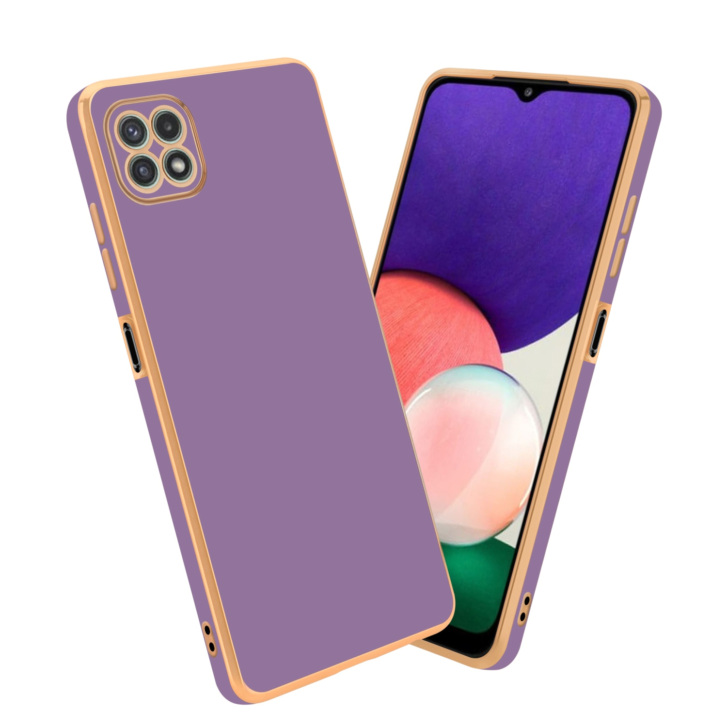 Lila Handyhülle und Telefon mit lila Bildschirm. Die Hülle bedeckt die Rückseite.