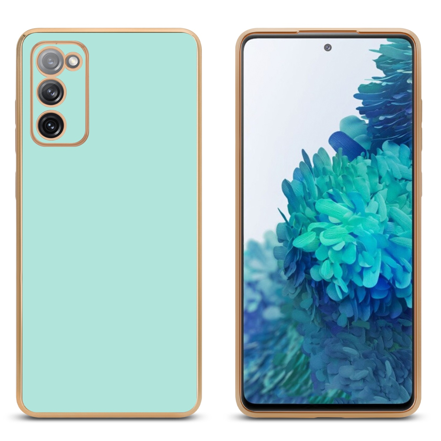 Zwei Handyhüllen, eine mintgrüne, eine goldene. Der Bildschirm zeigt ein blaues Blumenbild.