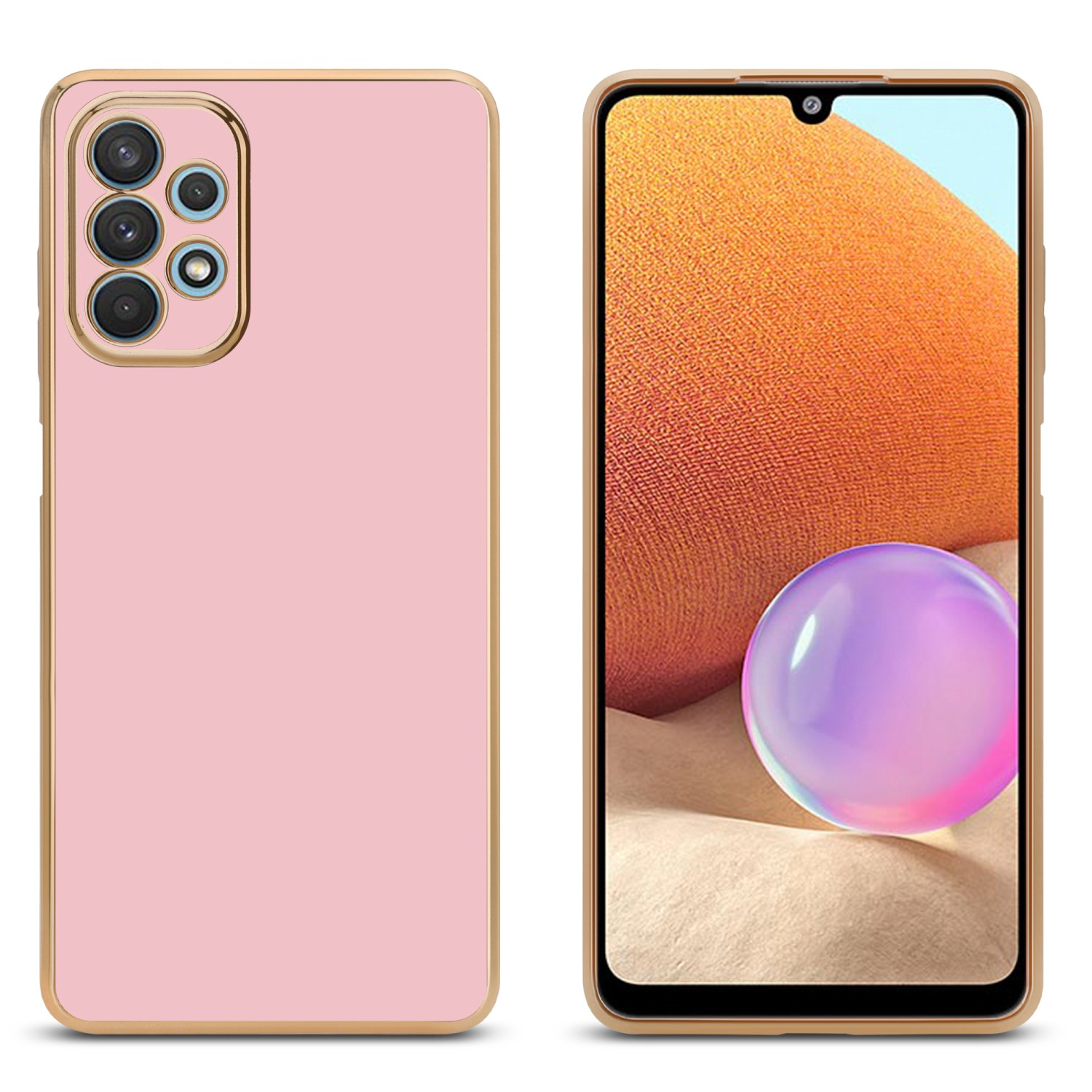 Rosa Handyhülle mit goldenem Rahmen. Telefonbildschirm sichtbar. Weißer Hintergrund.