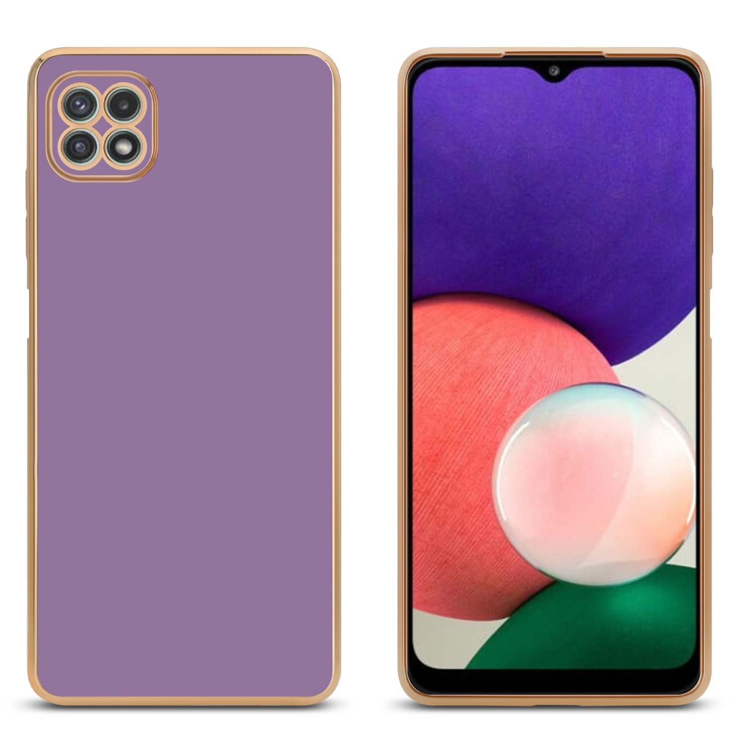Handyhülle links und Telefon rechts. Hülle und Telefon haben einen Goldrand.