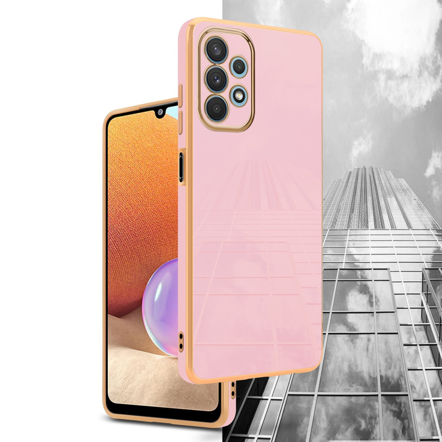 Eine rosafarbene Handyhülle mit goldenem Rahmen neben einem Telefon mit Stadtbildschirm.