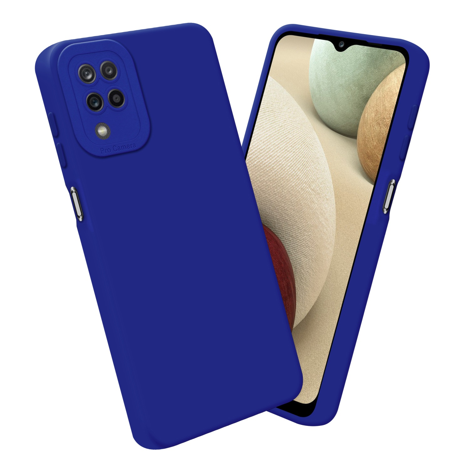 Custodia blu accanto a un telefono con sfondo sfocato e colorato.