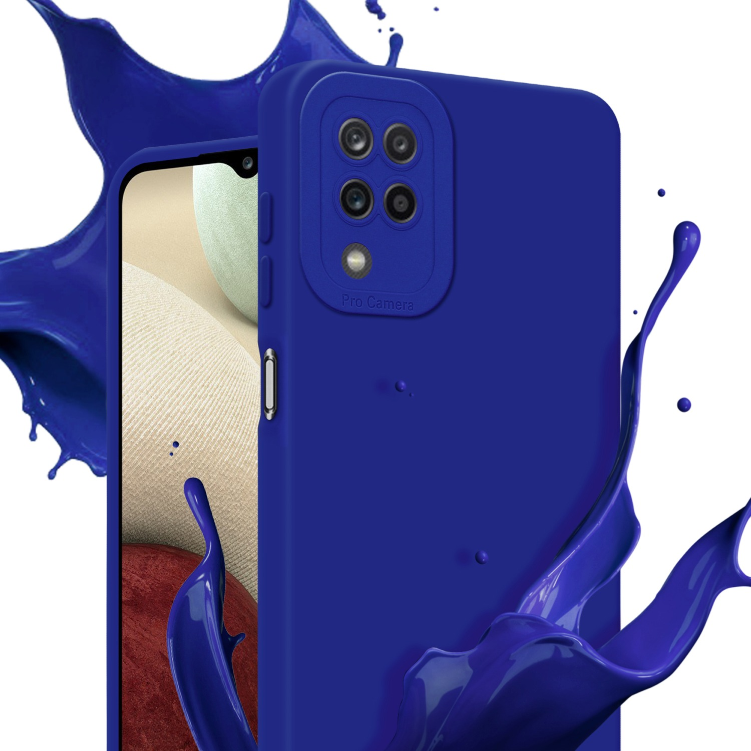 Custodia blu con telefono che mostra un'immagine, con schizzi di vernice blu. Fotocamera Pro visibile.