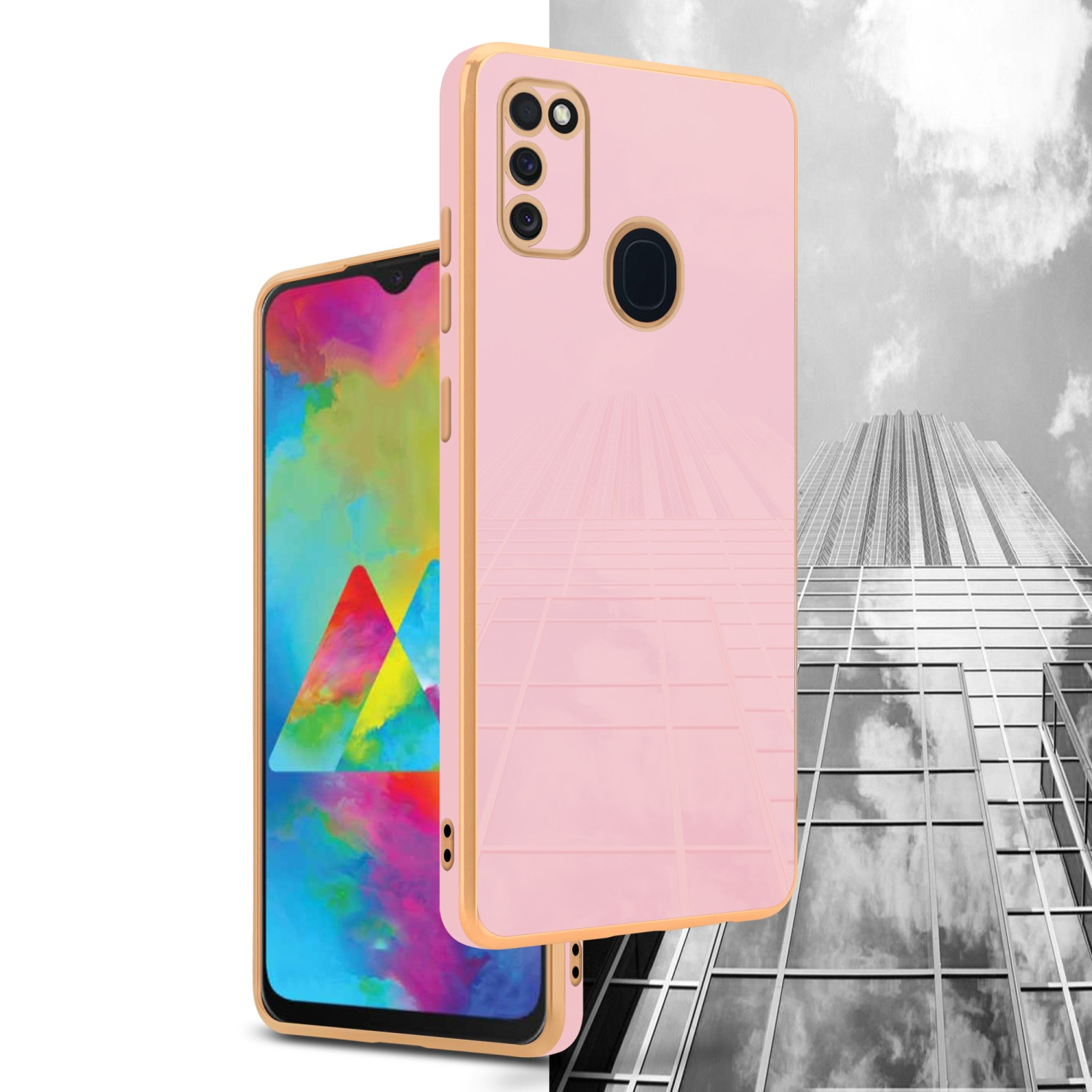 Pinkfarbene Handyhülle mit Telefon dahinter. Gebäude im Hintergrund.