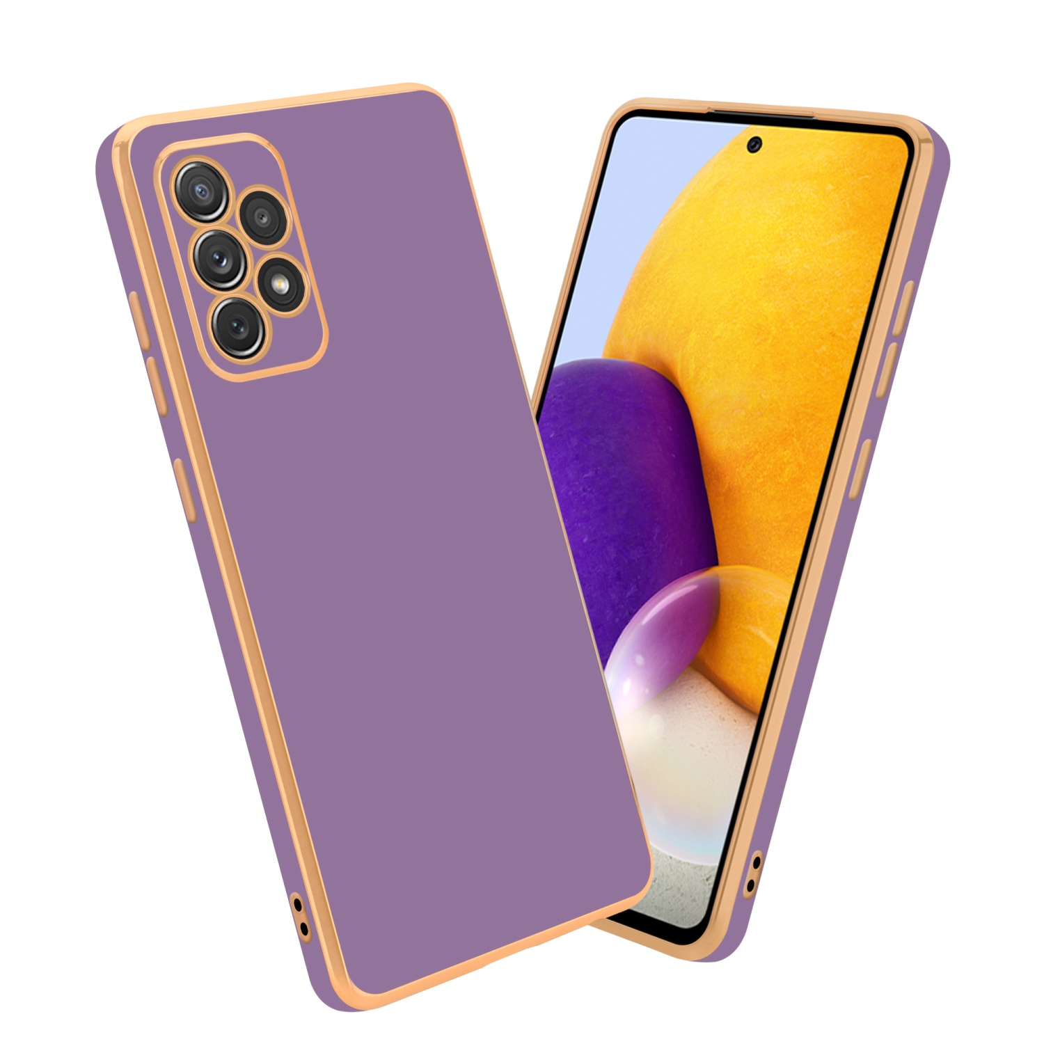Lila Handyhülle mit goldenen Rändern. Telefon ist innen, zeigt einen gelb-lila Hintergrund.
