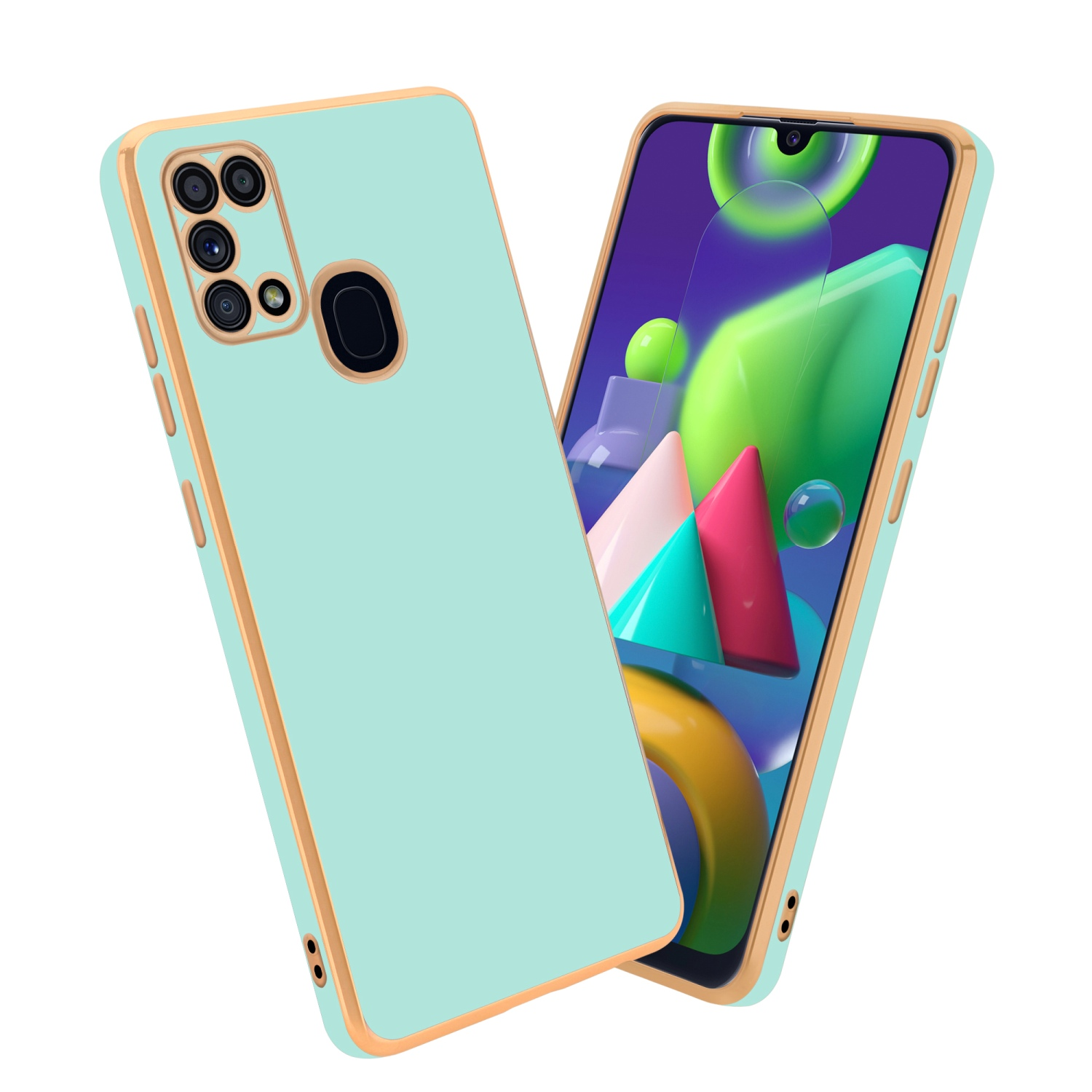 Minzgrüne Handyhülle mit goldenem Rahmen. Telefon zeigt Bildschirm mit bunten Formen und Kamera.