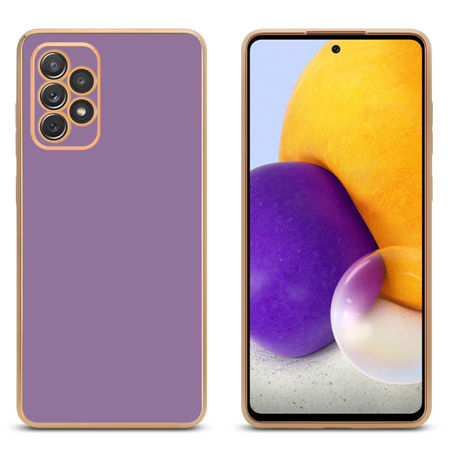 Zwei lilafarbene Handyhüllen mit goldenen Rändern, eine zeigt den Telefonbildschirm.