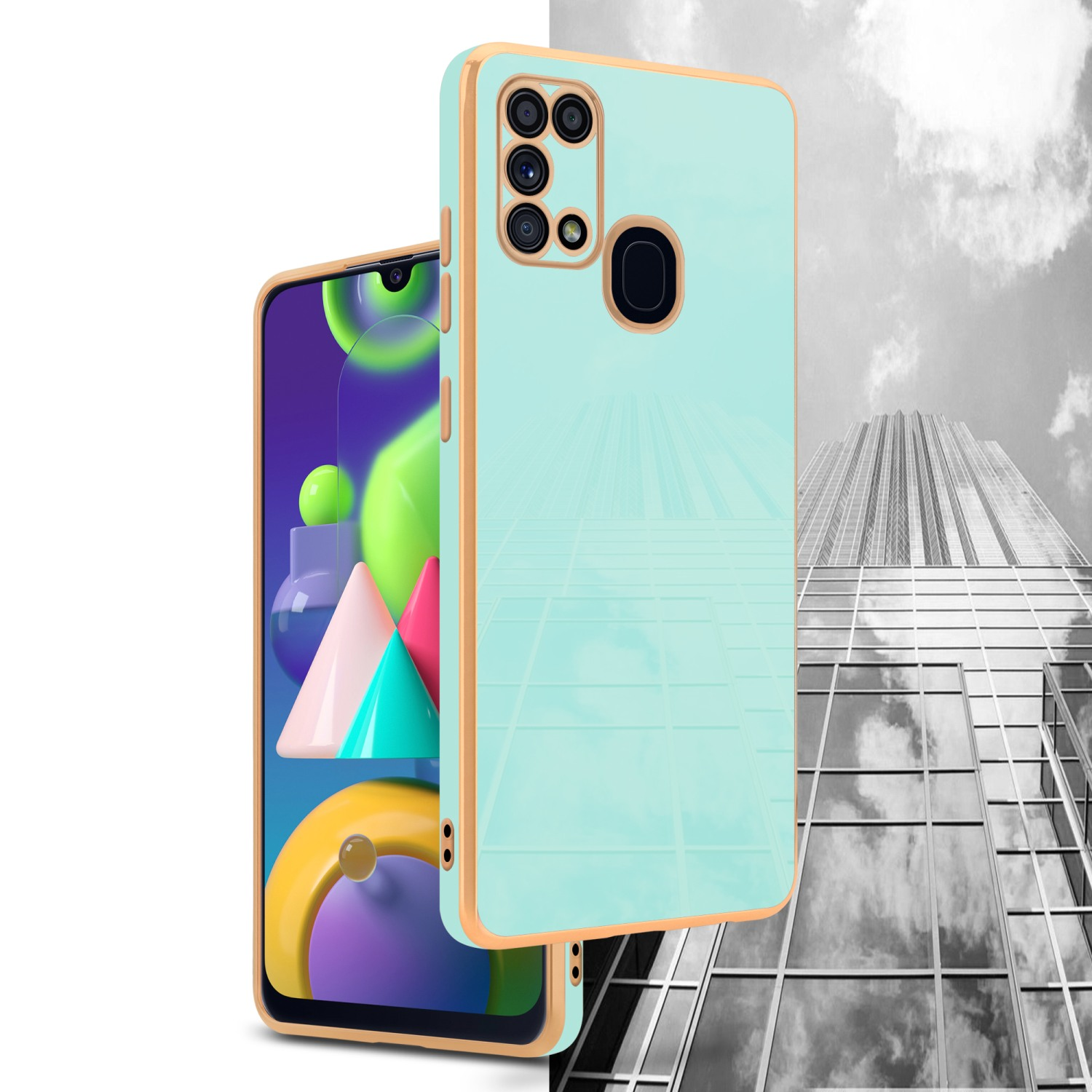 Minzfarbene Handyhülle mit Telefon, Wolkenkratzer-Hintergrund.
