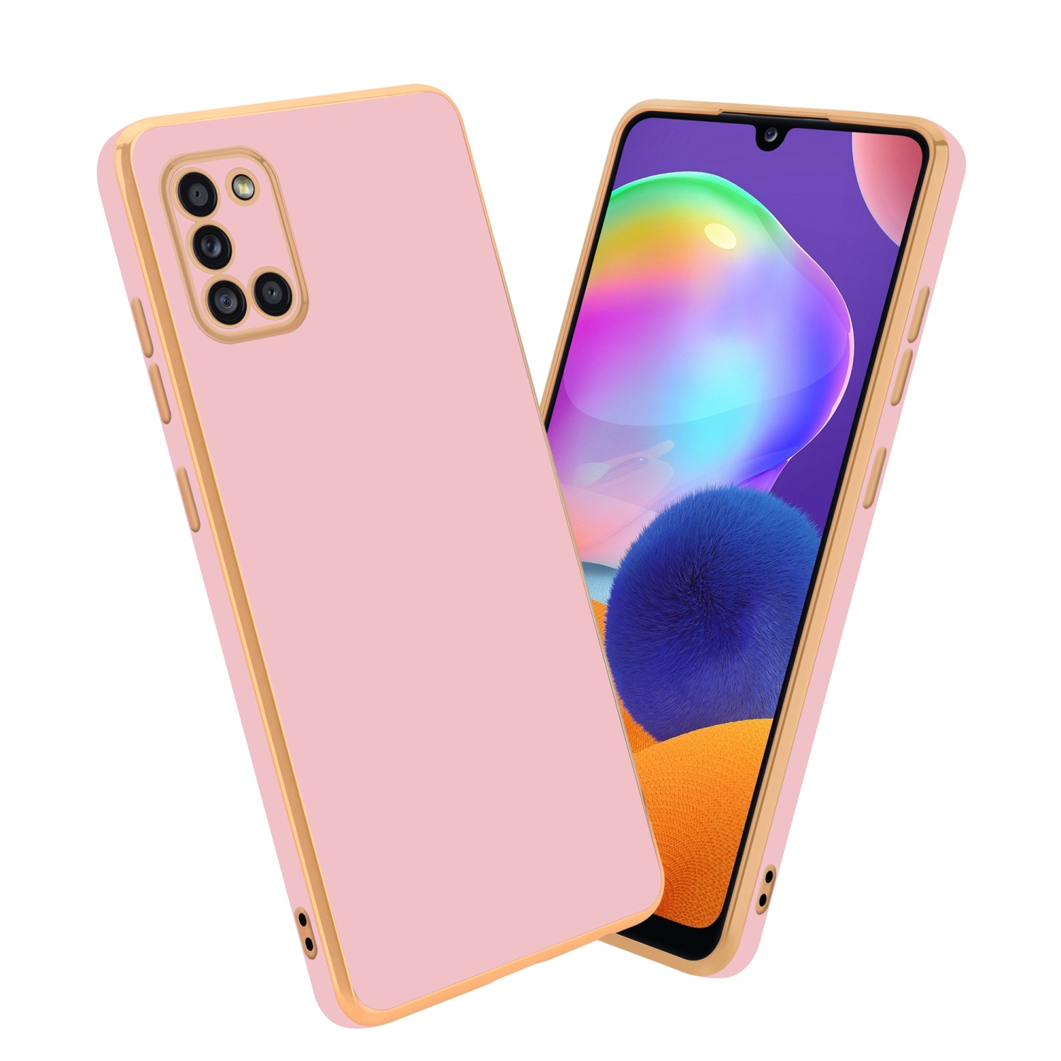 Rosa-goldene Handyhülle mit Telefon, das eine orangefarbene Anzeige zeigt.